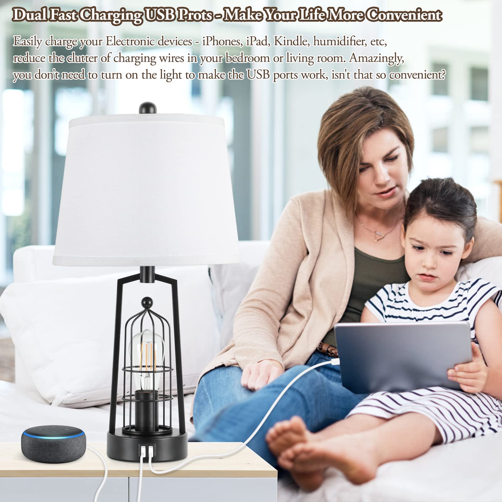 Brightever Farmhouse Table Lamps Set of 2, Rustic Metal with USB Ports, White Shades, Model JT2026.WH