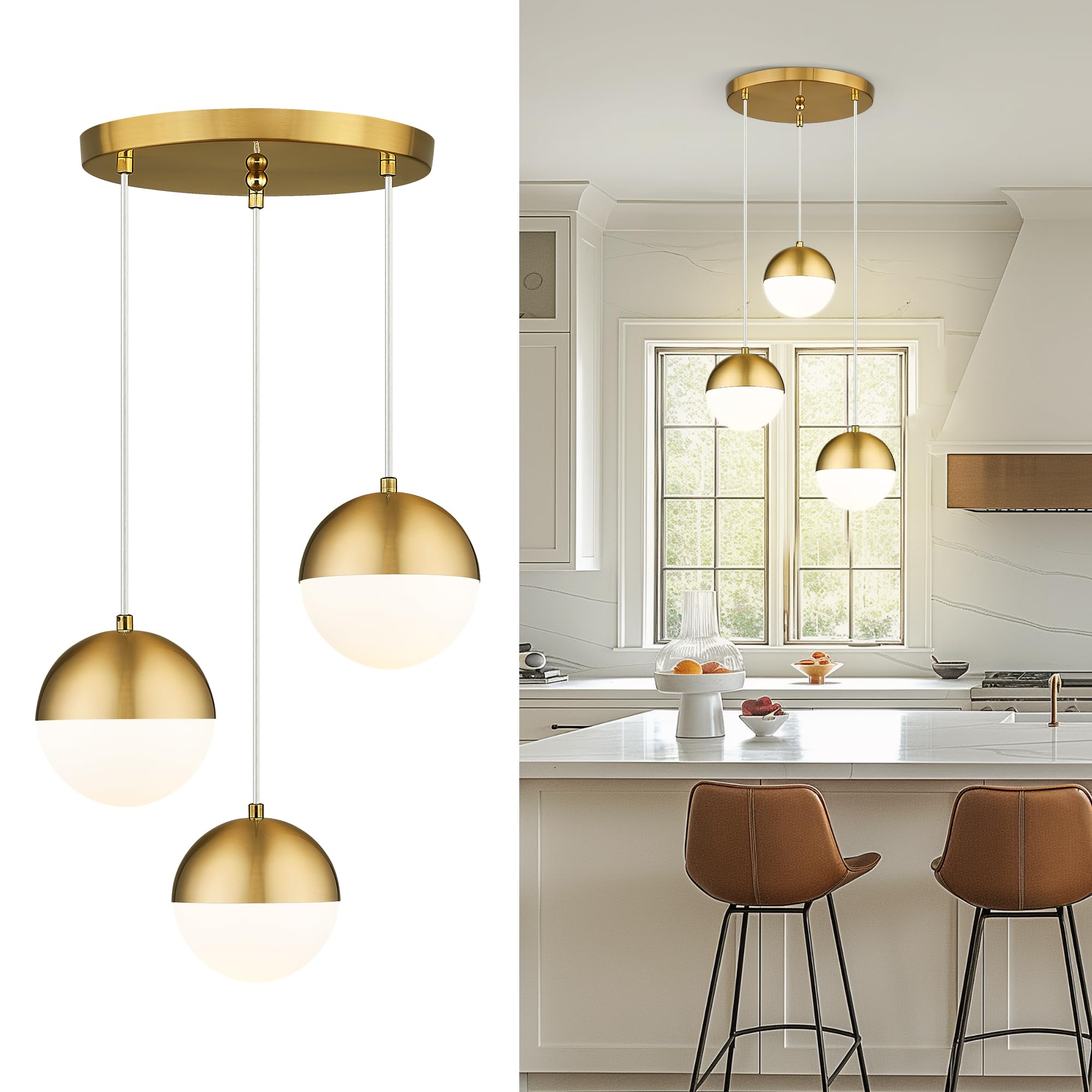 LMS Brushed Gold 3-Light Cluster Pendant Lights, Modern Kitchen Island Lighting with White Globe Glass Shade, Adjustable Hanging