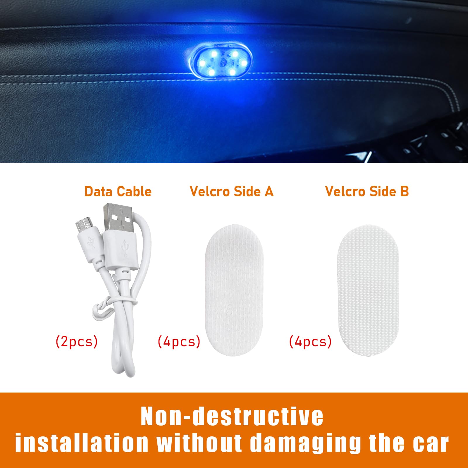 Augeny 4 Pcs Car Led Lights Interior Wireless, 7 Colors Sticky Auto Interior Light With 6 Bright Led Lamp Beads, Portable Usb Re