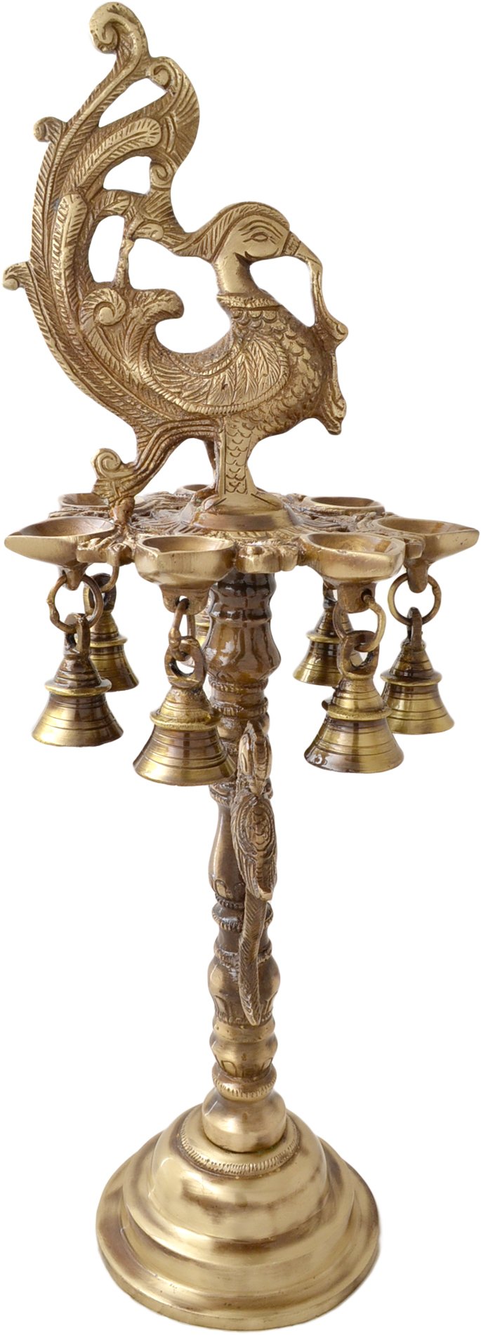 Two Moustaches Brass Peacock Deepak Stand with Bells, Handcrafted Standard Heavy Brass Peacock Stand Diya, Brown; 7 X 7 X 18 Inc