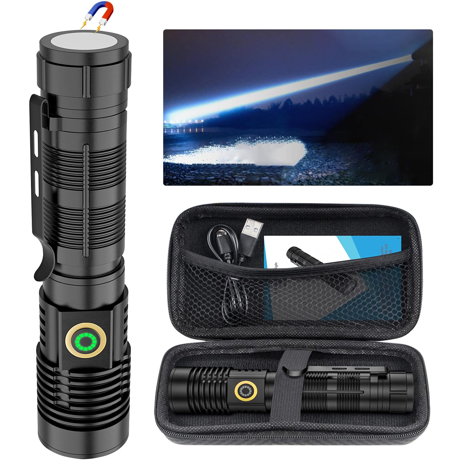 Rechargeable Flashlight High Lumens, 12000 High Lumens Super Bright Magnetic Flash Light, 1500 Meter Long-Range Zoomable LED Fla