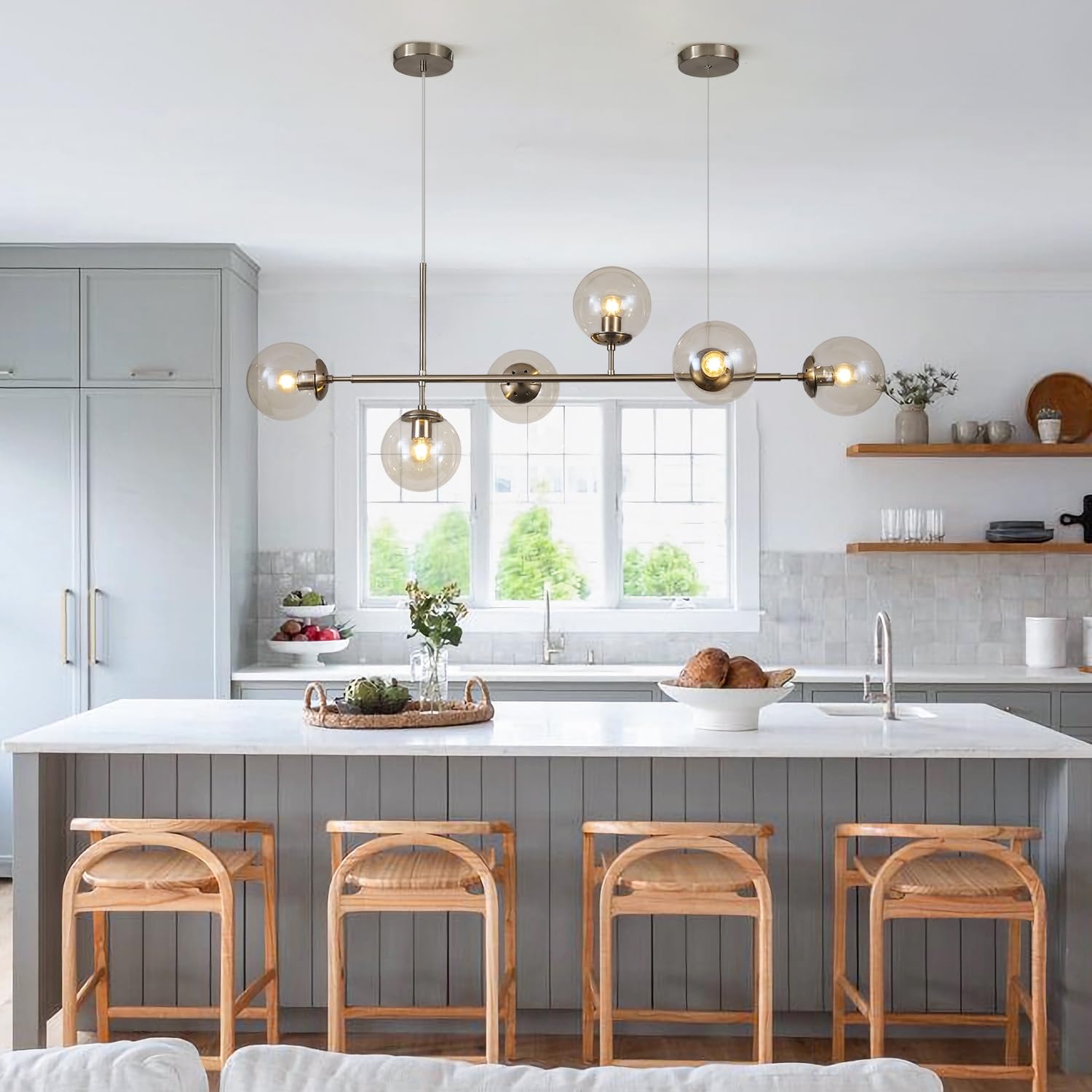 KCO Lighting Mid-Century Modern 6-Light Glass Globe Chandelier Brushed Nickel Silver+Amber