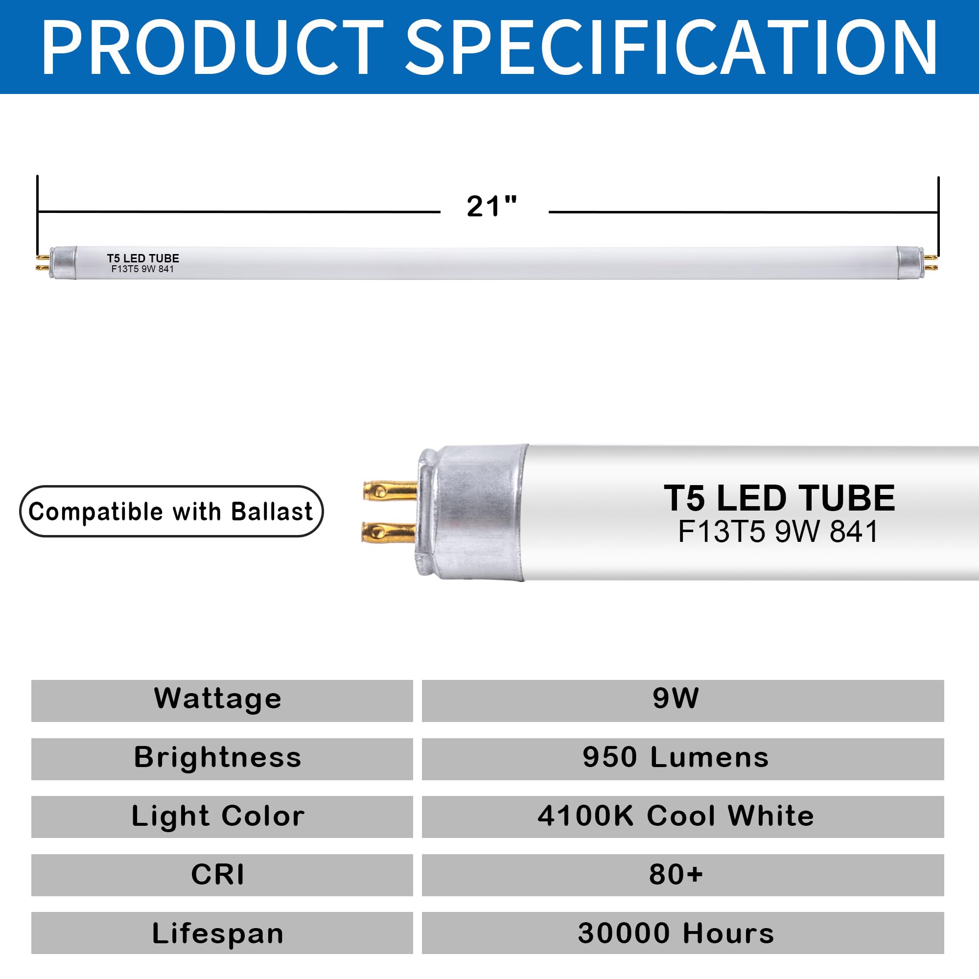 Wesome Lighting 21" F13T5/CW LED Bulbs, 4100K Cool White, 9W Replacement for Fluorescent, 4 Pack