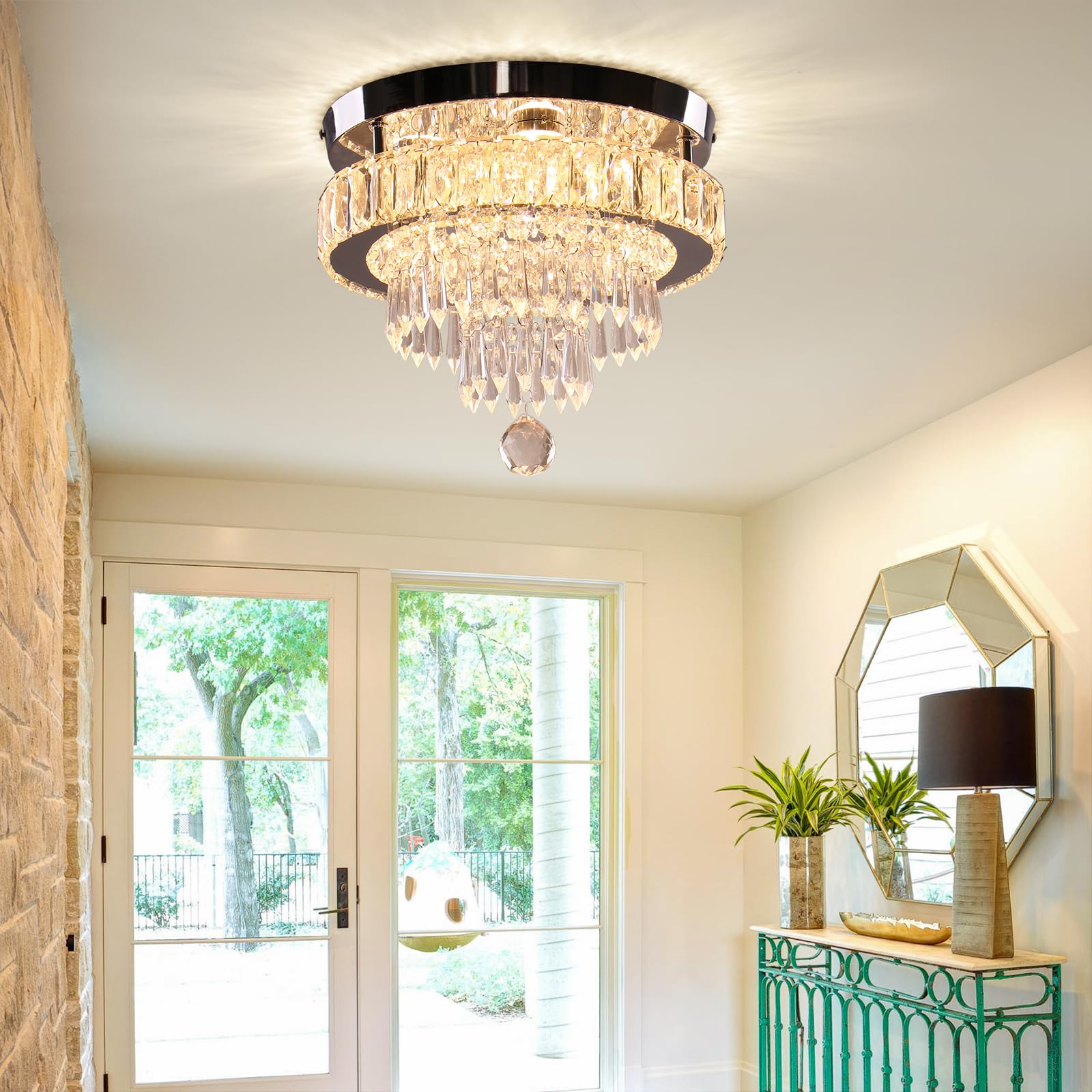 Finktonglan Square Crystal Chandelier, 13'' Dimmable Flush Mount Light with Remote - Ideal for Dining Room, Bedrooms, Living Room