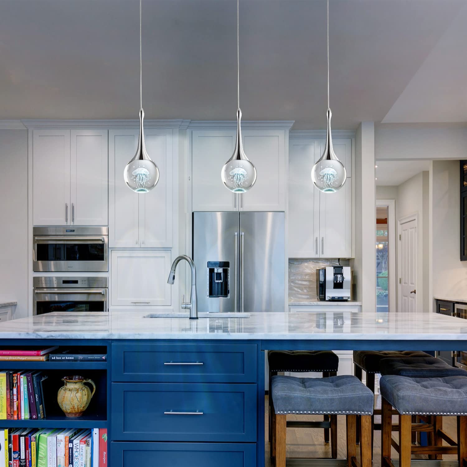Chying 3 Pack Teardrop Pendant Light Chrome Crystal Pendant Lighting Bathroom Led Ceiling Hanging Light Globe Jellyfish Pendant