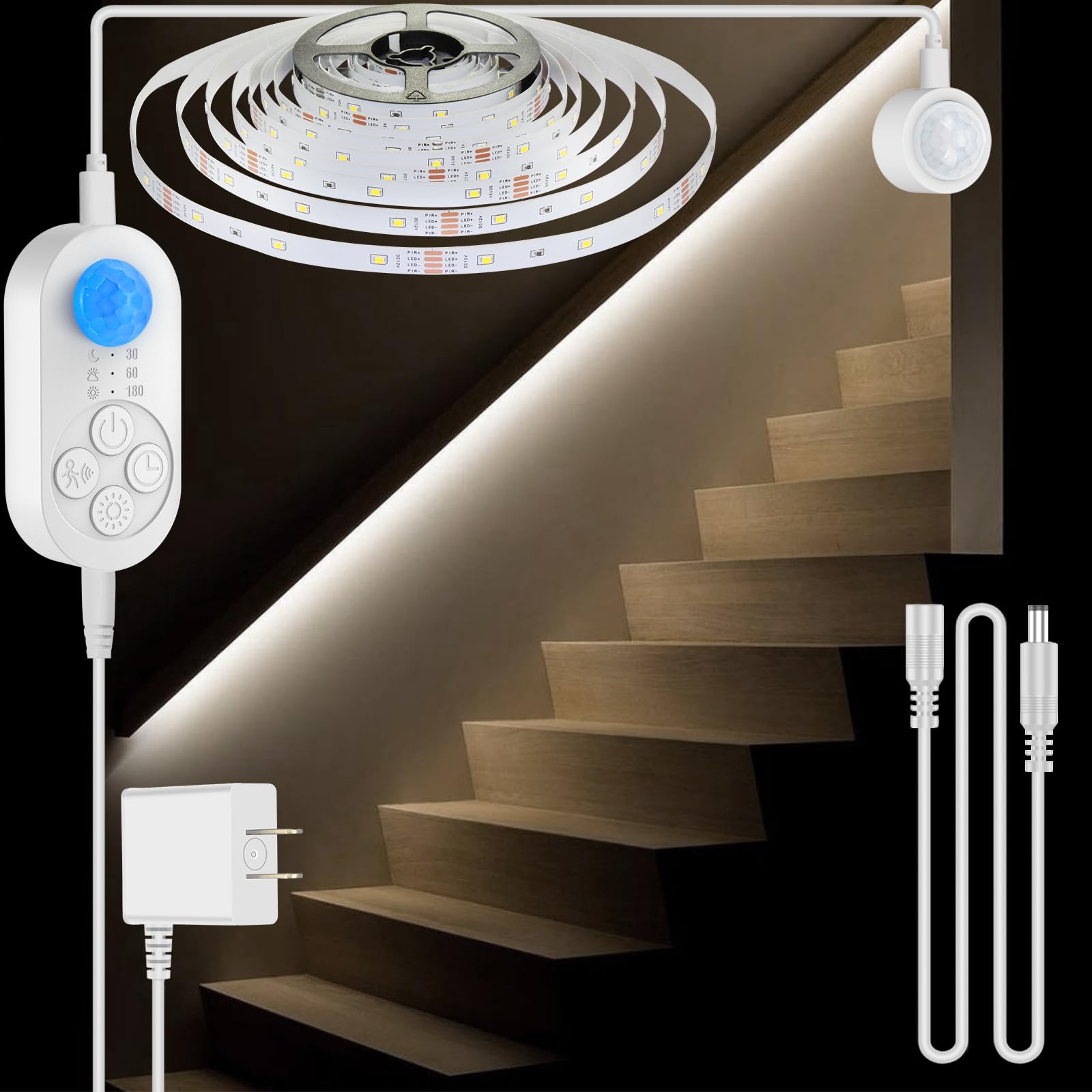 GOOMEEYA Dual Motion Sensor LED Stair Light Strip - Plug-in, 16.4FT, Cold White 6000K, Plastic, Model GD5CW2
