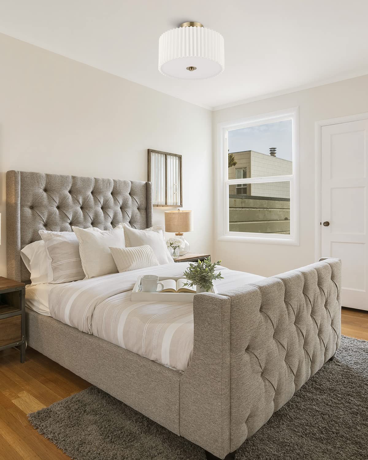 Vonluce 13&quot; Semi Flush Mount Ceiling Light, 2-Light Drum Fixture, White Shade & Bronze Finish