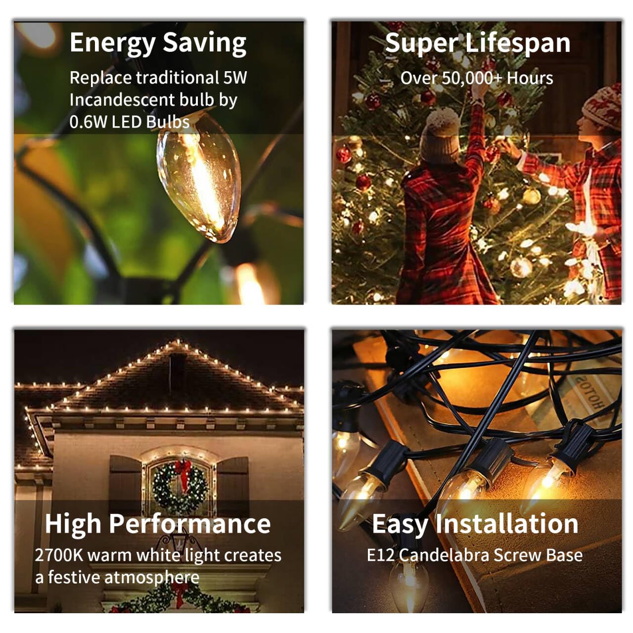 Chyparty 12 Pack C7 Led Christmas Bulbs, E12 Candelabra Base, 0.6W Warm White Dimmable Clear - Halloween Light Bulbs For Indoor/