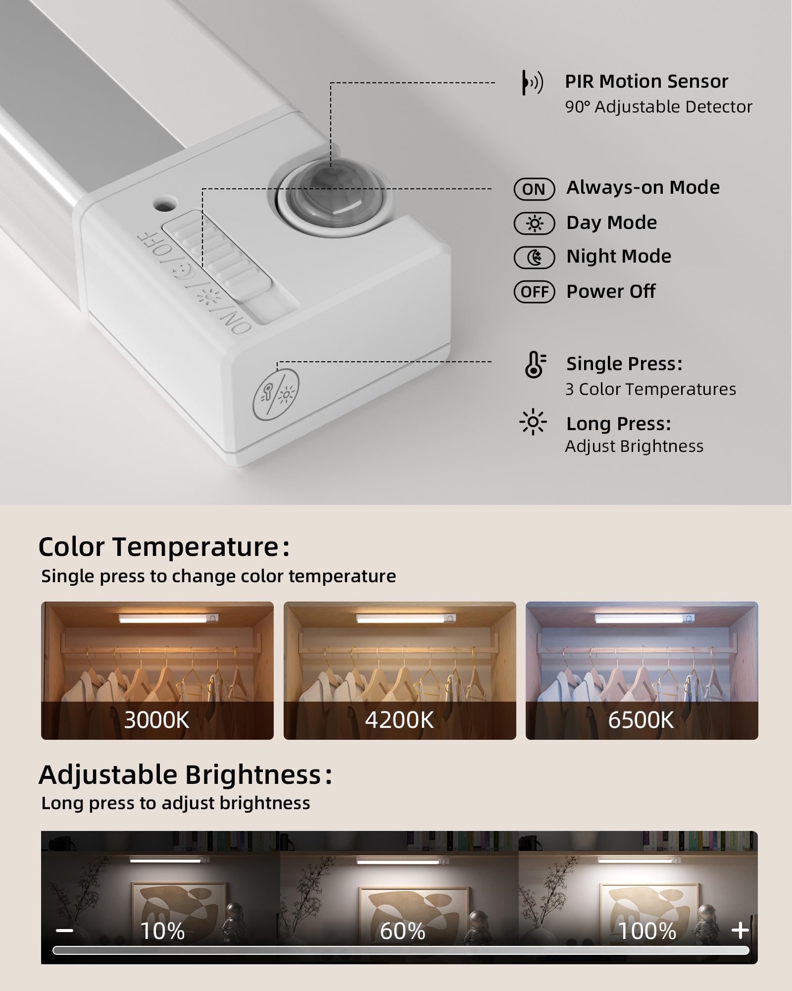 Ezvalo Led Under Cabinet Lights, Rechargeable Motion Sensor, Dimmable, 3 Color Temps, 2 Pack