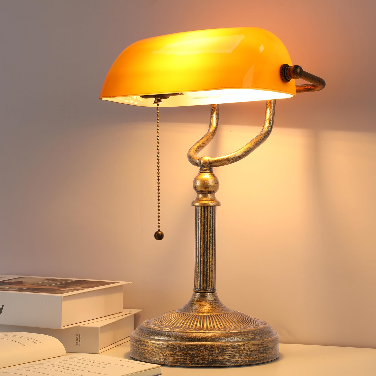 Nissafors Bankers Desk Lamp, Amber Glass Shade, Vintage Desk Lamp With Pull Chain Switch, Retro Table Lamps For Home Office Led