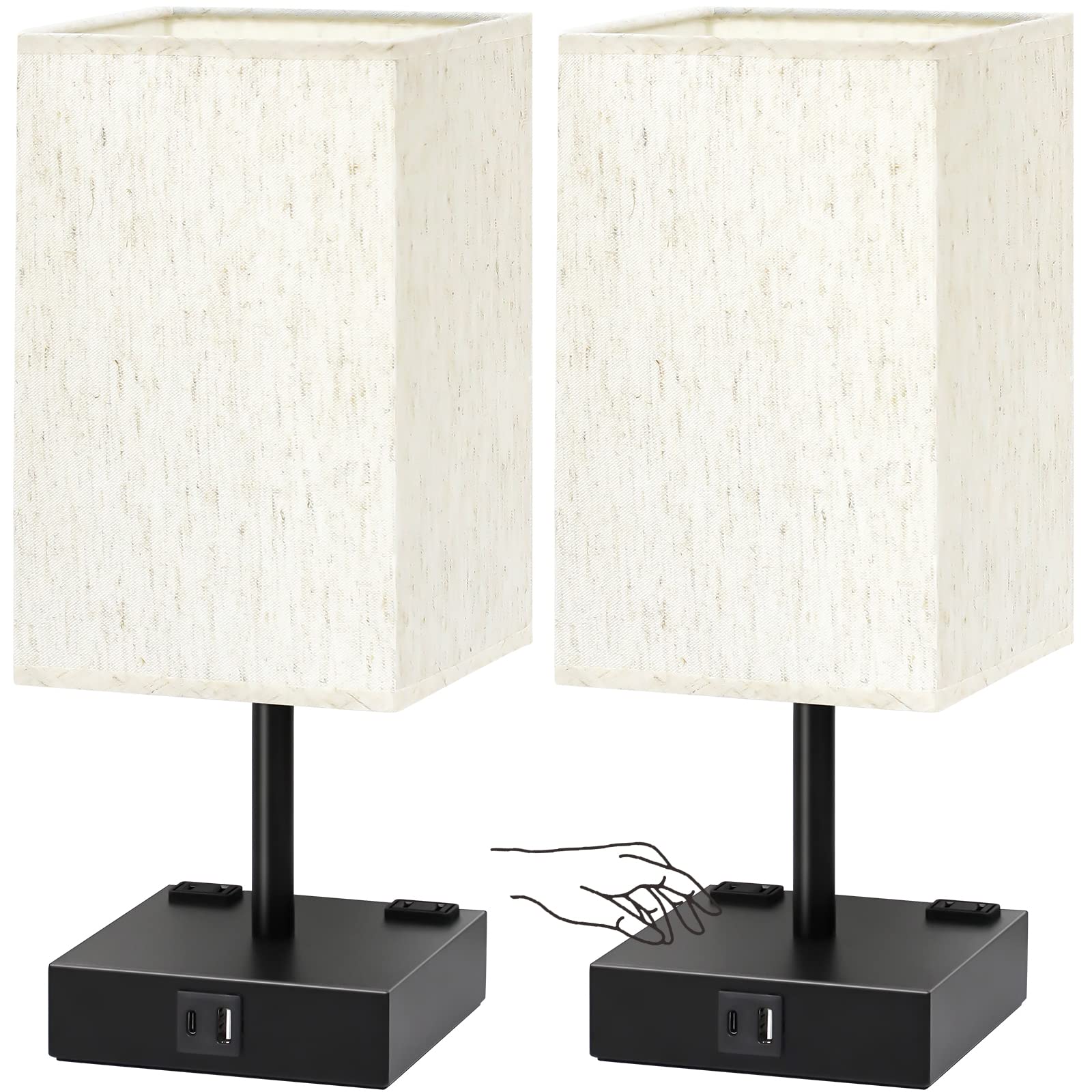 Bedside Table Lamps Set of 2 - Touch Nightstand Lamp for Bedroom with USB C+A Charging Ports & AC Outlets  3-Way Dimmable Desk Lamp Flaxen Fabric Shade for Living Room Office(Bulb Included)