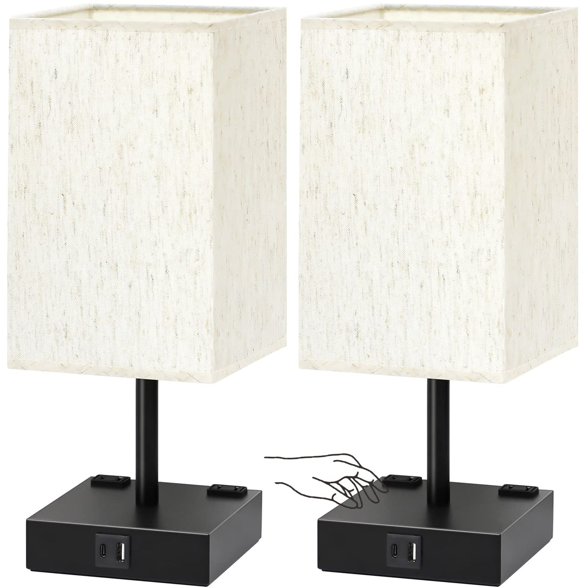 Touch Control Table Lamps Set Of 2 - Nightstand Lamp For Bedroom With Usb C+A Charging Ports & Ac Outlets, 3-Way Dimmable Bedsid