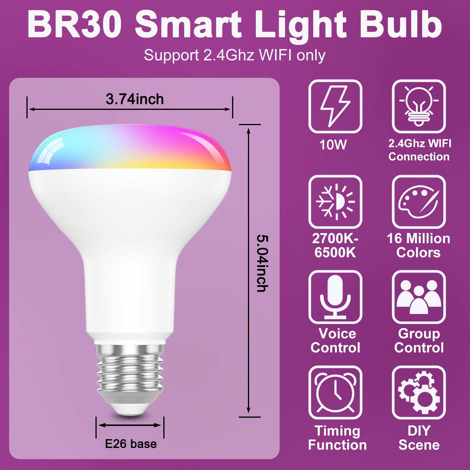 Hydong Smart Light Bulbs,Br30 Smart Bulbs Compatible With Alexa,Flood Light Bulbs 10W 900Lm,Rgbcw Color Changing Light Bulb,2.4G