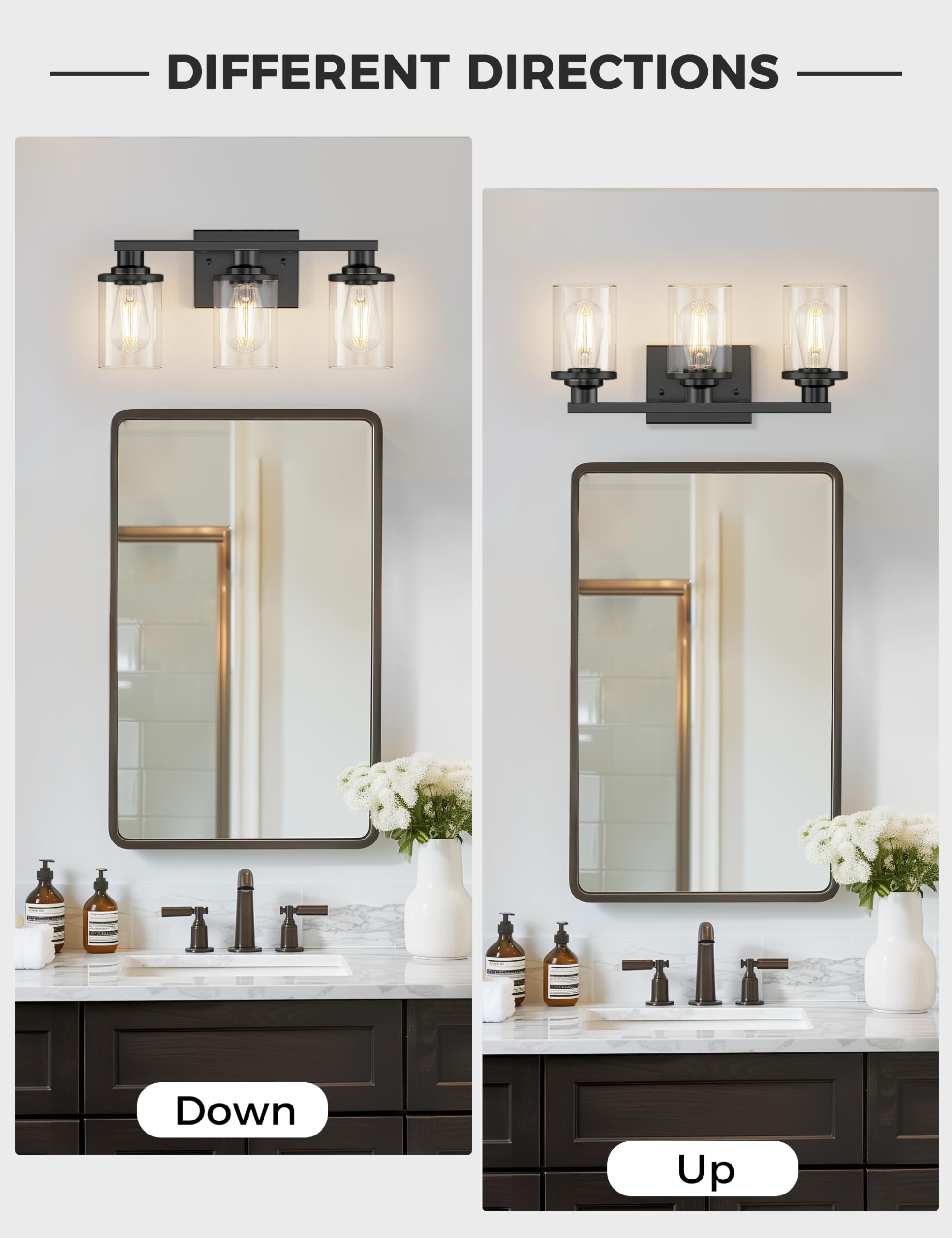L LOHAS LED 3-Light Black Bathroom Light Fixture, Modern Vanity Lighting with Clear Glass Shade