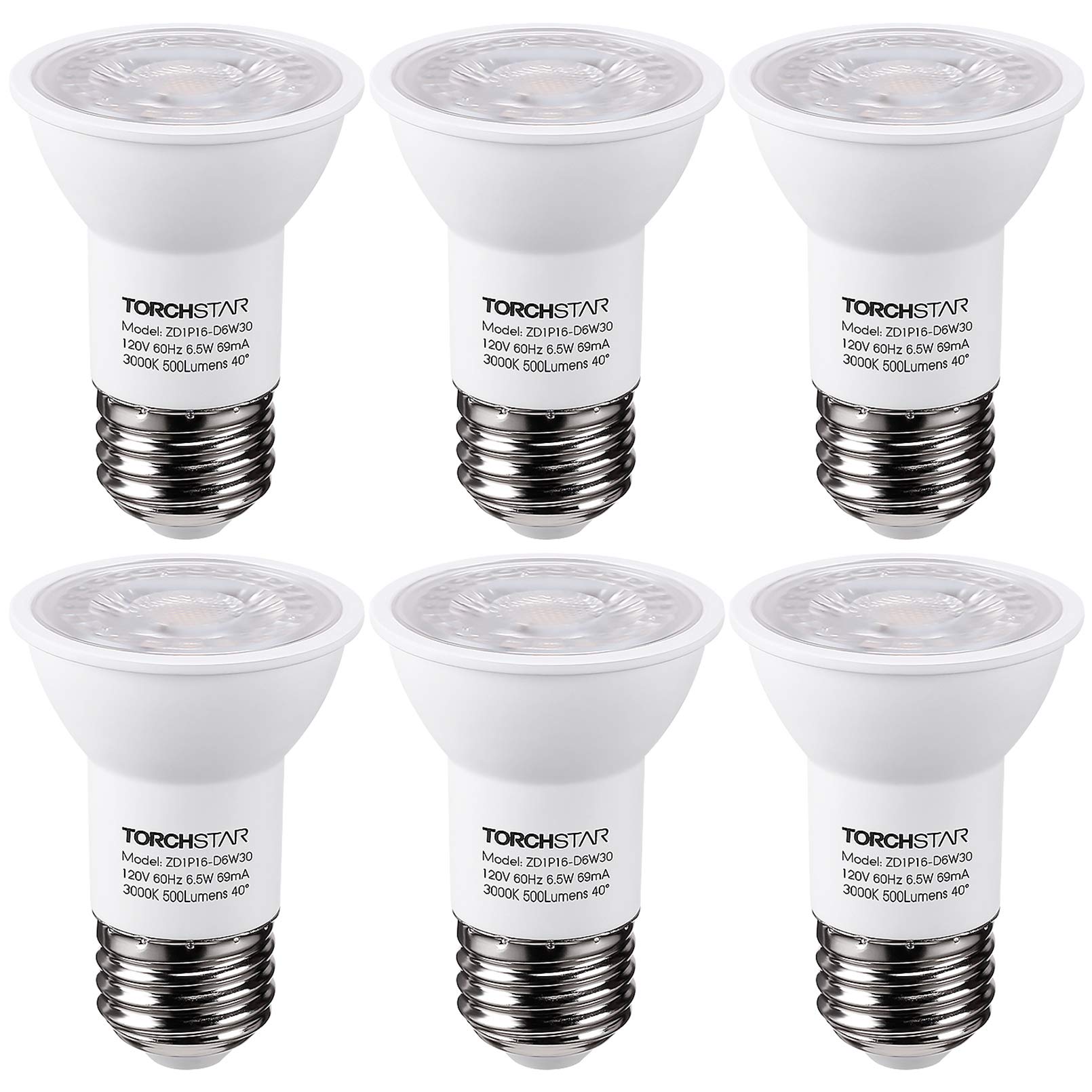 TORCHSTAR PAR16 LED Bulb, 500LM, Dimmable, 6.5W, 3000K Warm White, E26 Medium Base, Pack of 6