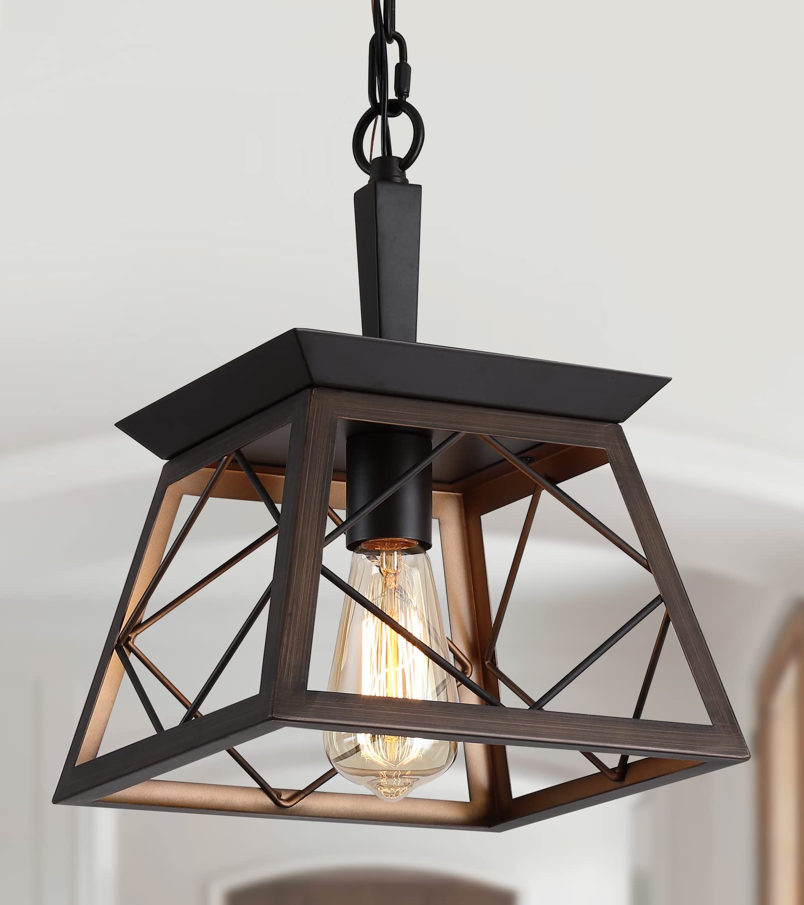 Q&S Farmhouse Hanging Pendant Light Fixture,Vintage Industrial Lantern Bronze Chandelier 1-Light for Hallway Entryway Kitchen Is
