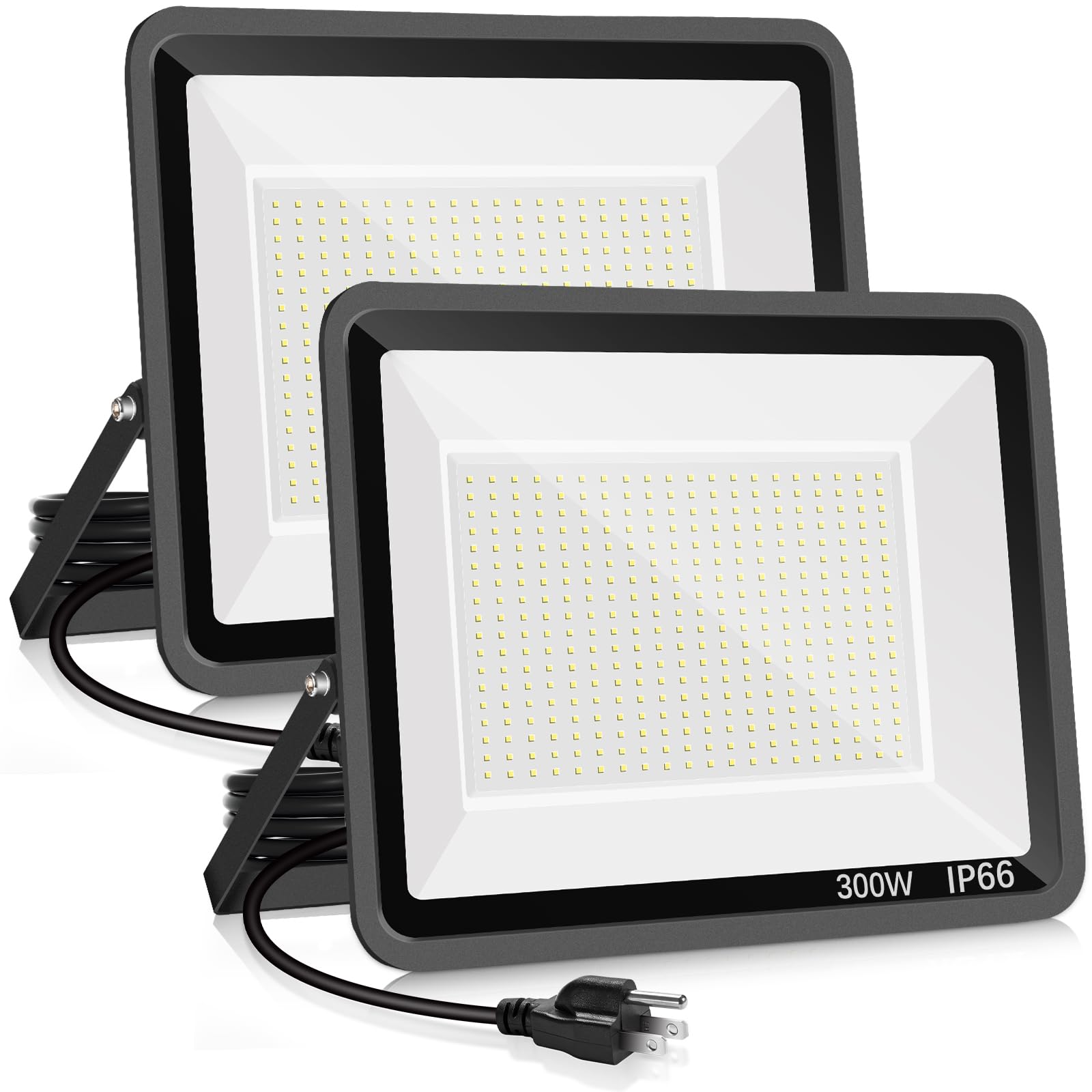 YANYCN 2 Pack 300W LED Flood Light Outdoor,2000W Equivalent 43500LM 5000K Daylight White Super Bright FloodLight with Plug,IP66 