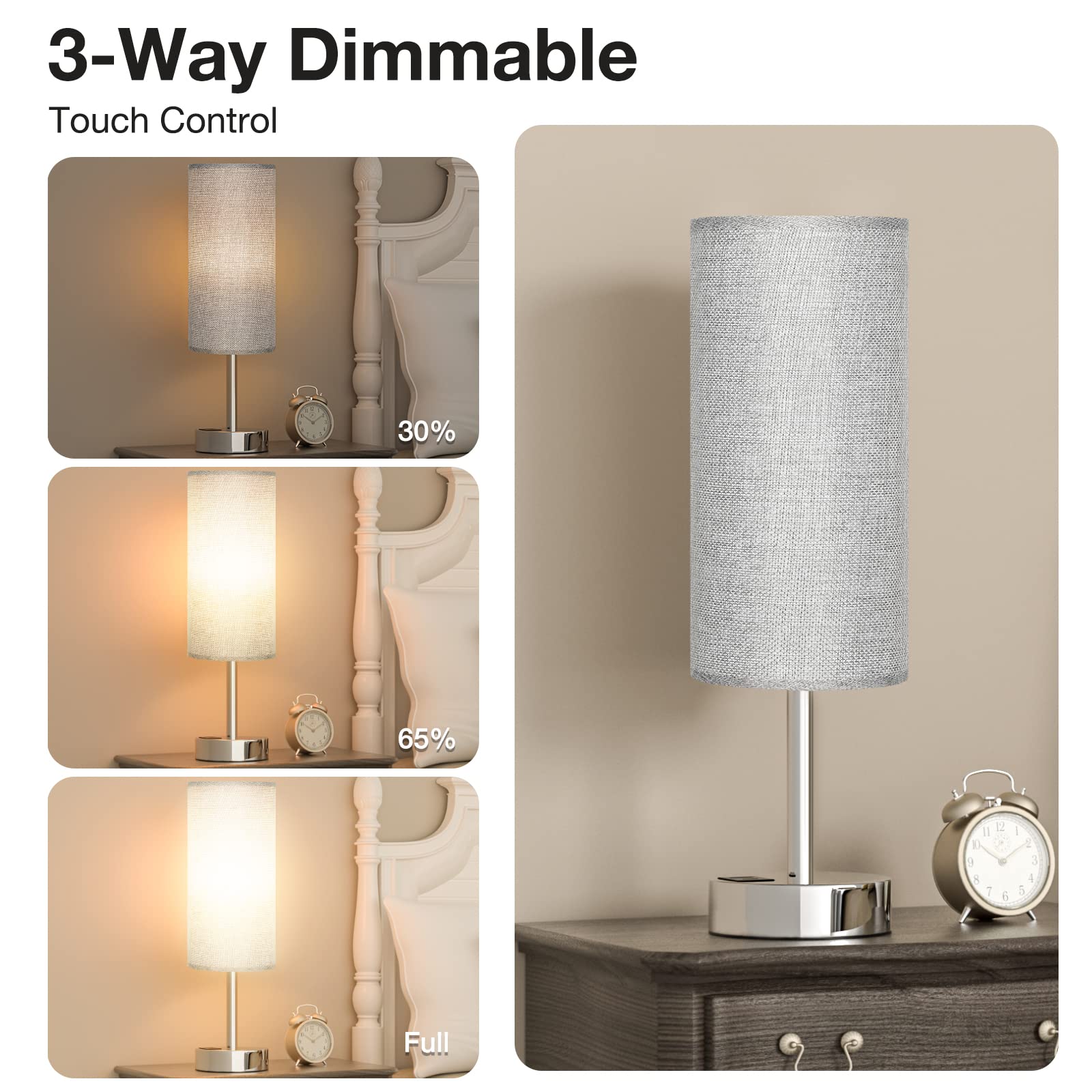 Grey Touch Nightstand Lamps For Girl - Small Bedside Lamp With Usb-C And Usb Charging Ports, 3 Way Dimmable Control Table Lamp F