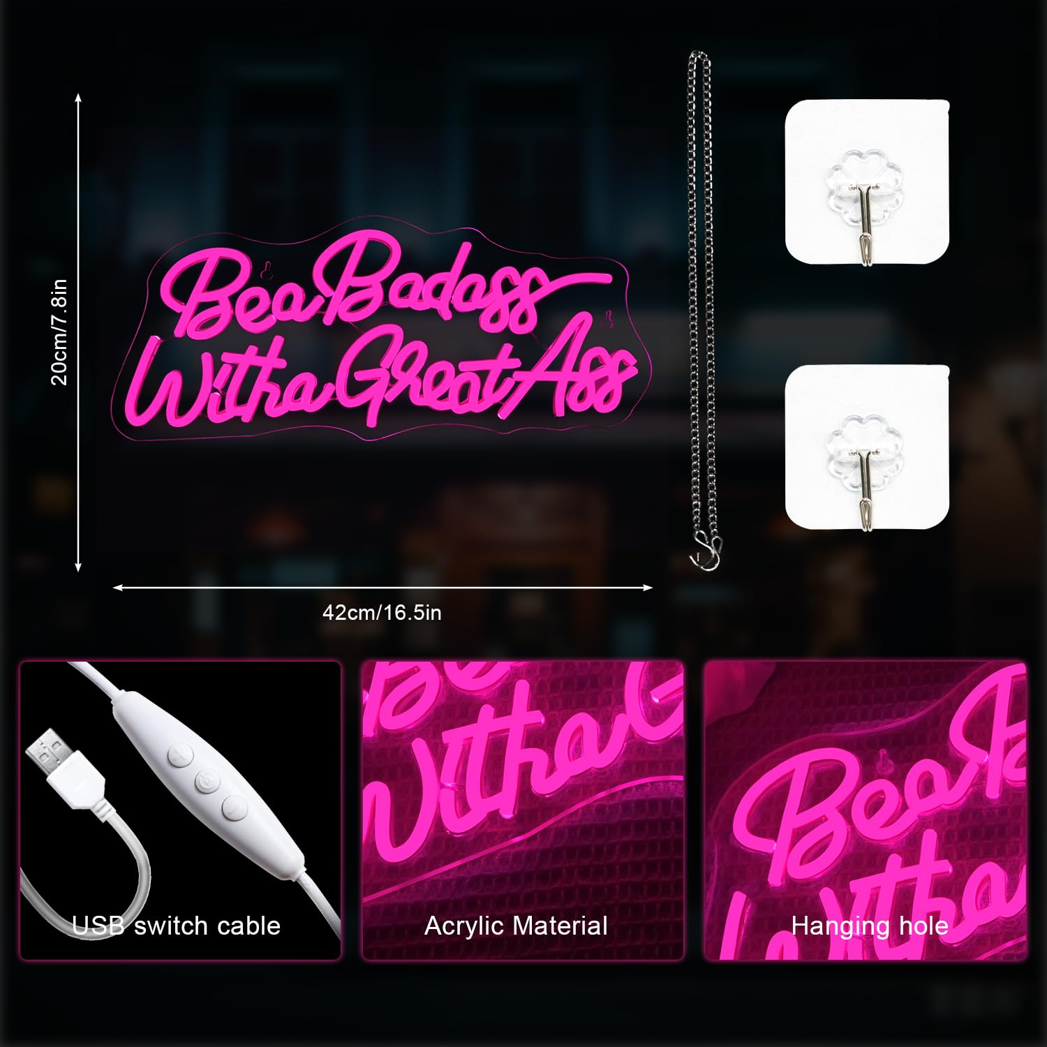 LUCUNSTAR Neon Sign Light, USB Powered, Dimmable, Pink inBe a Badass with a Goodassin for Home and Party Decor