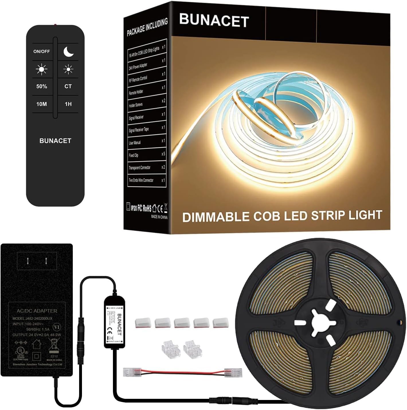 BUNACET COB LED Strip Lights 20ft, 2880 LEDs, 3000K Warm White, Dimmable Aluminum Tape for Bedroom & Kitchen Lighting