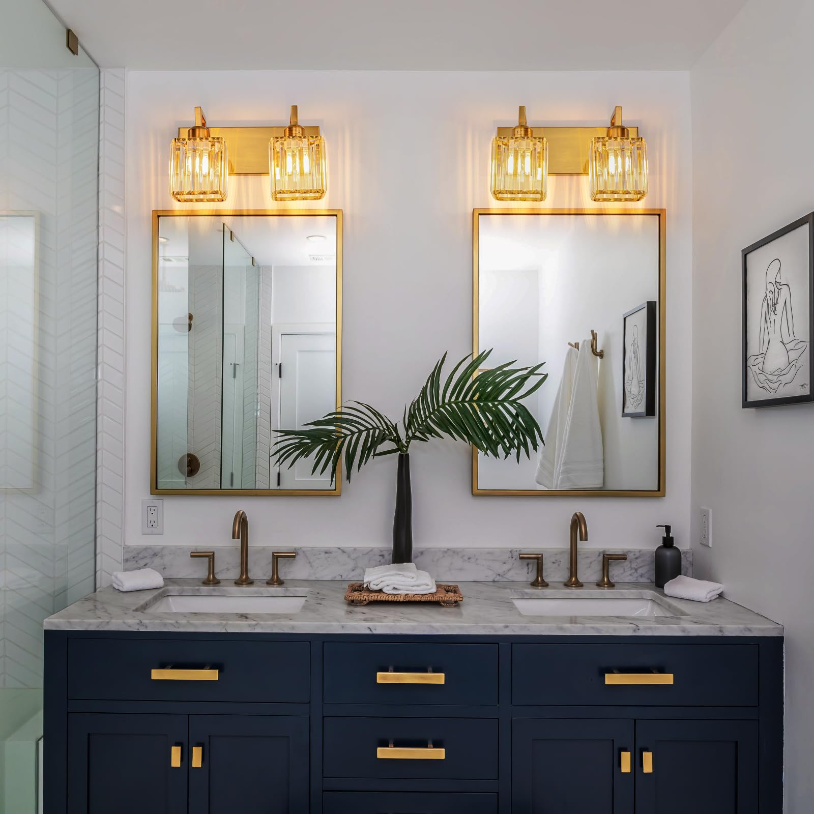 Fdpby Modern Bathroom Vanity Light 2-Lights Gold Crystal Wall Lamp Bathroom Modern Crystal Vanity Lighting