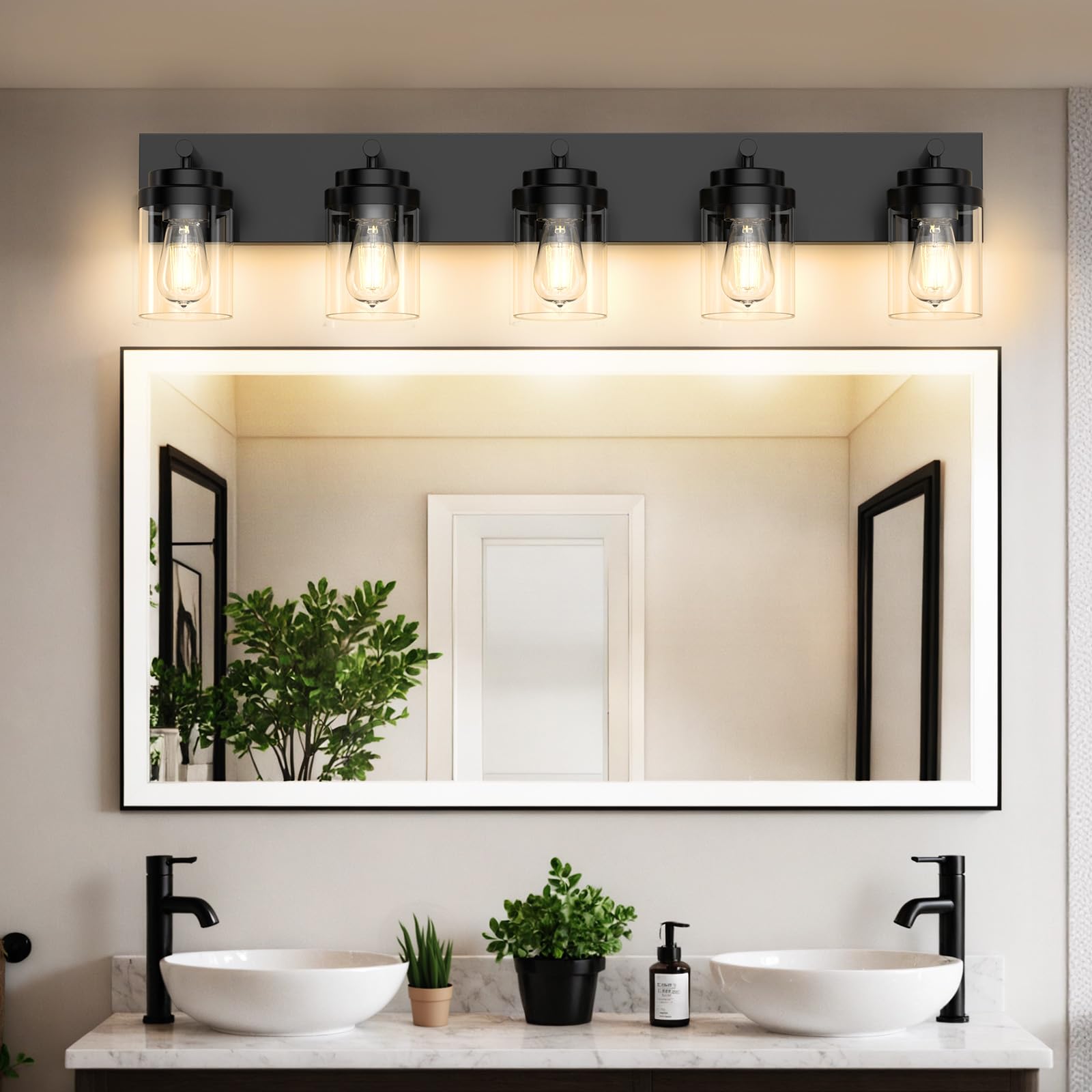 Izorro Bathroom Vanity Light Fixture  5-Light 36 Inch Matte Black Bathroom Light Fixtures Over Mirror  With Clear Glass Shade  Modern Farmhouse Vanity Lights  Rustic Restroom Lighting Fixtures