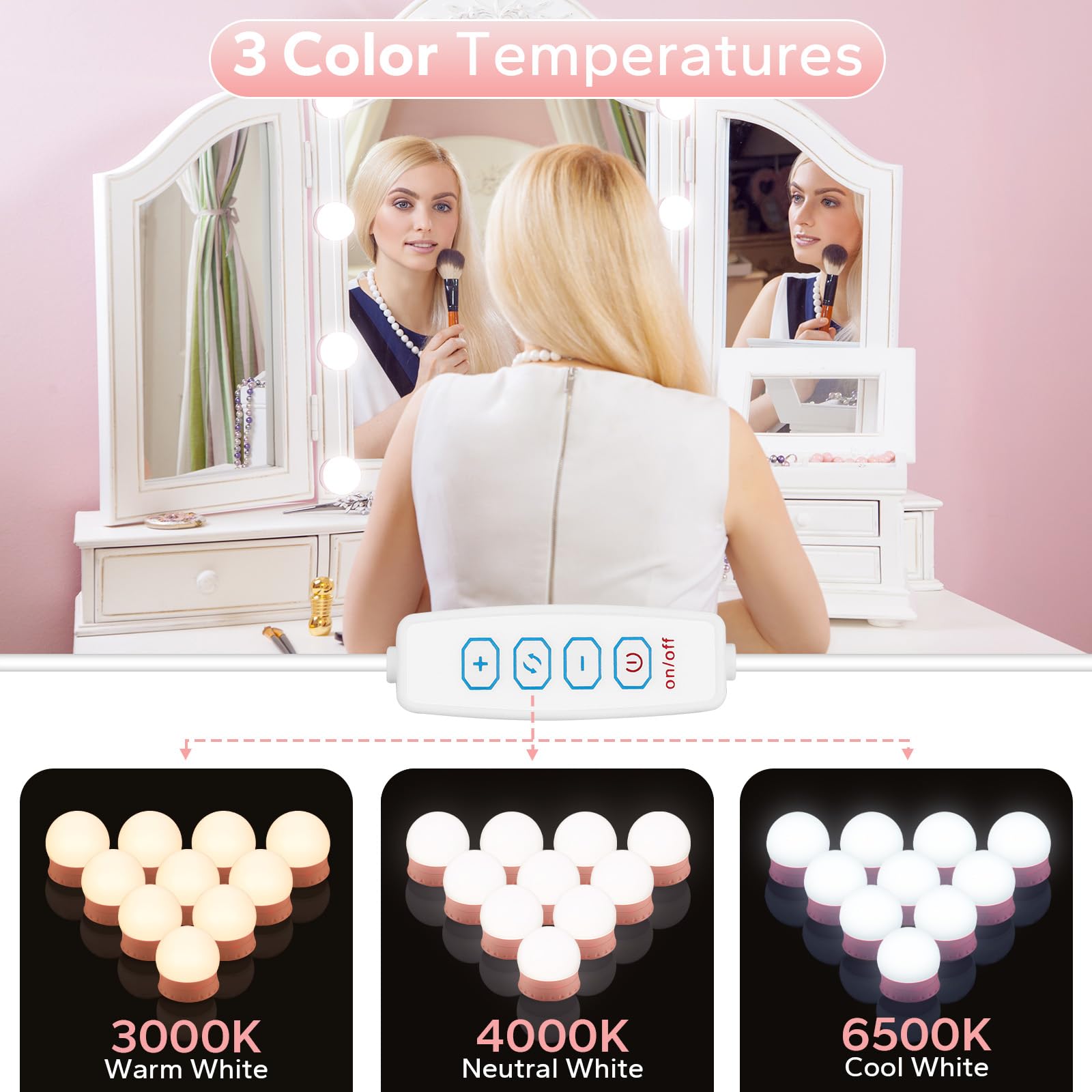 Led Vanity Lights For Mirror, Pink Vanity Lights Stick On With 10 Dimmable Bulbs, 3000K 4000K 6500K & 10 Level Brightness Adjust