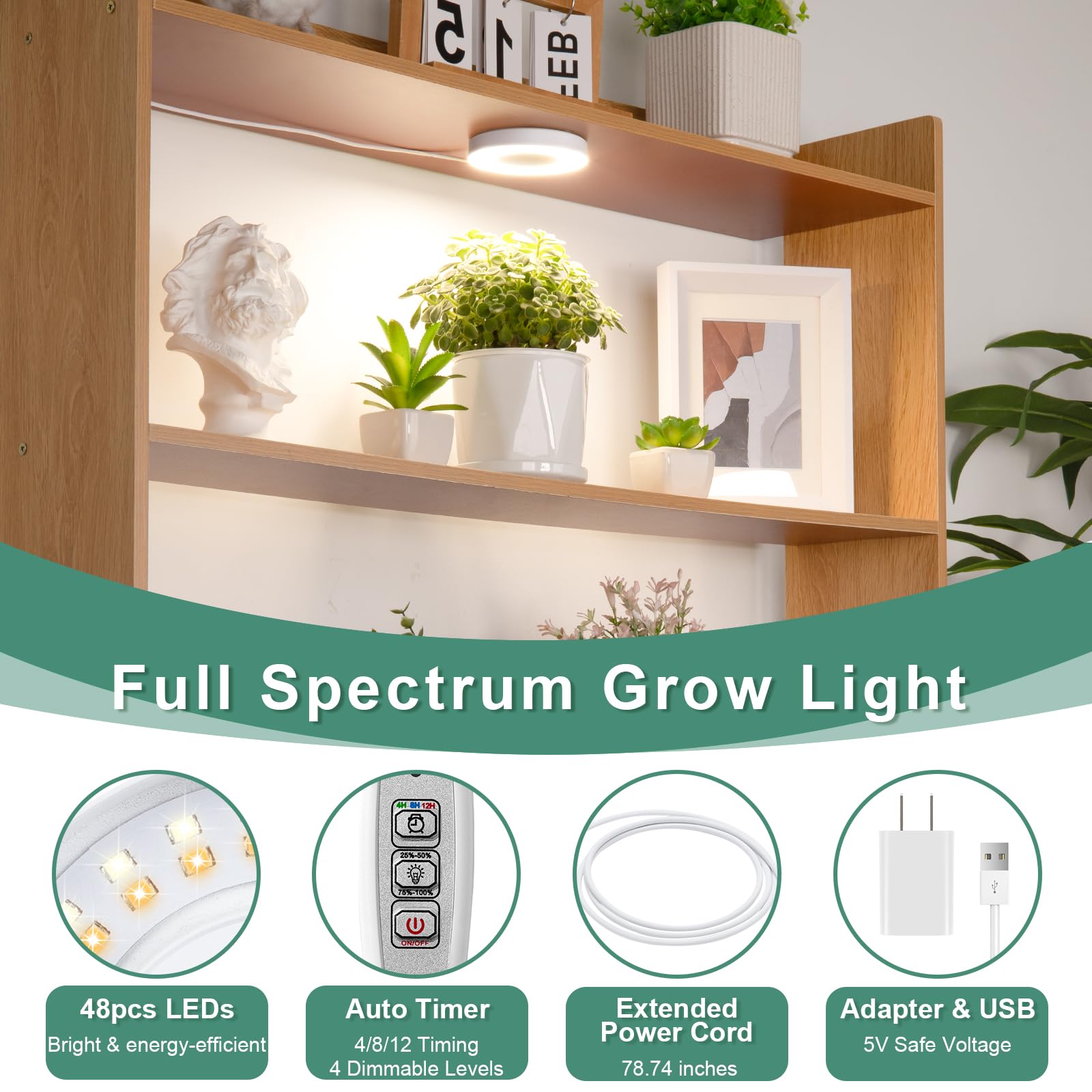 Lordem Grow Light For Indoor Plants, 48 Leds Ceiling Full Spectrum Plant Light, 5V Corded Growing Lamp With 4/8/12H Auto Switch, 4 Dimmable Brightness Levels, Ideal For Small Plants