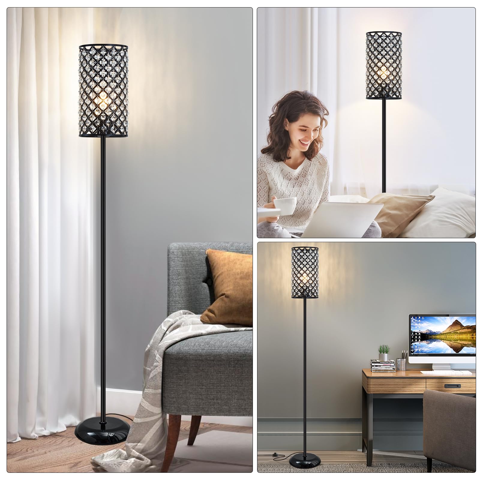 Crystal Floor Lamp, Modern Standing Lamp With Elegant Shade Black Floor Lamp With On/Off Foot Switch,Tall Pole Accent Lighting F