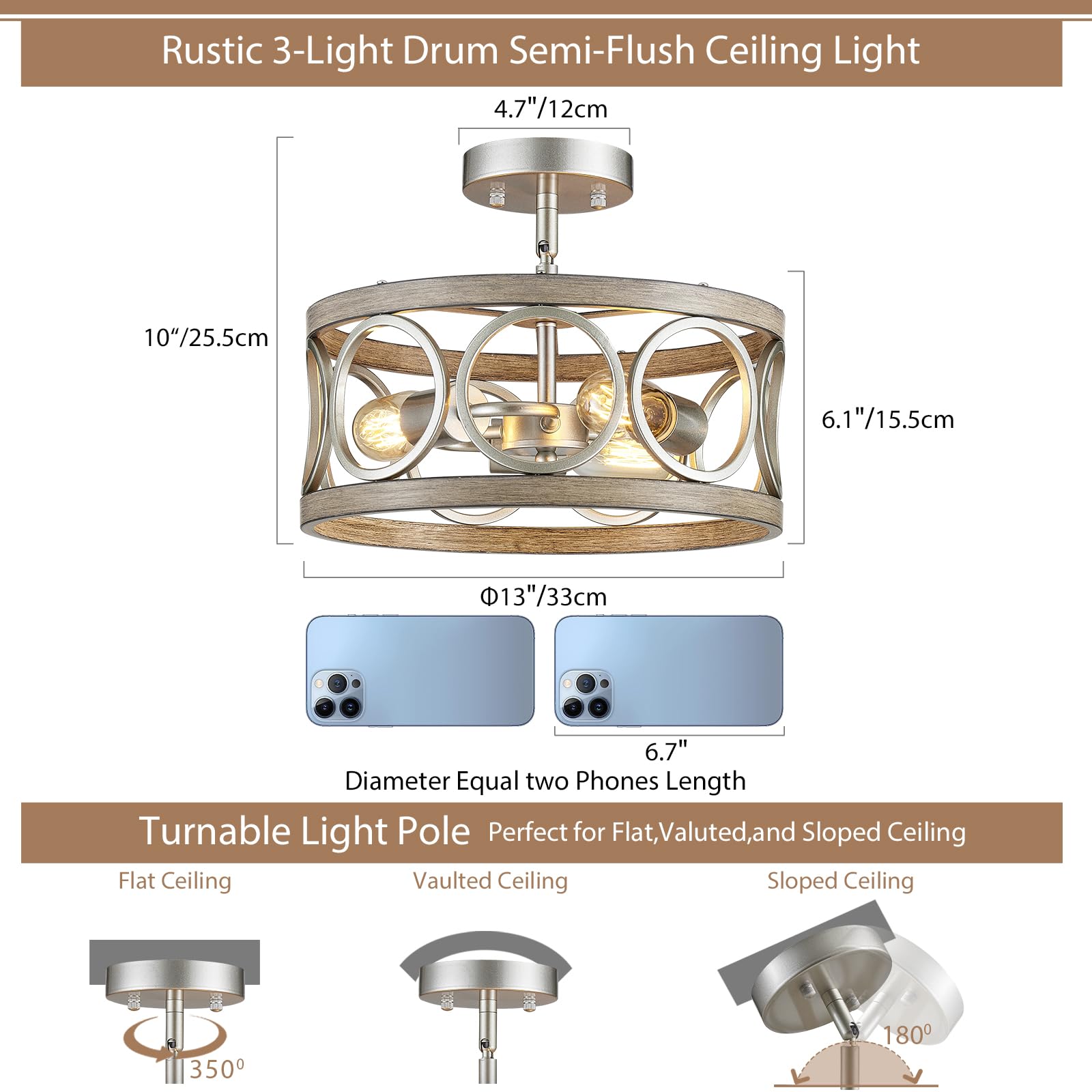 Peskoe Farmhouse Ceiling Light Fixture, Drum Round Modern Semi Flush Mount Ceiling Light For Kitchen Bedroom Dining Living Room, 13" Metal Nickel And Wood Grain Chandeliers