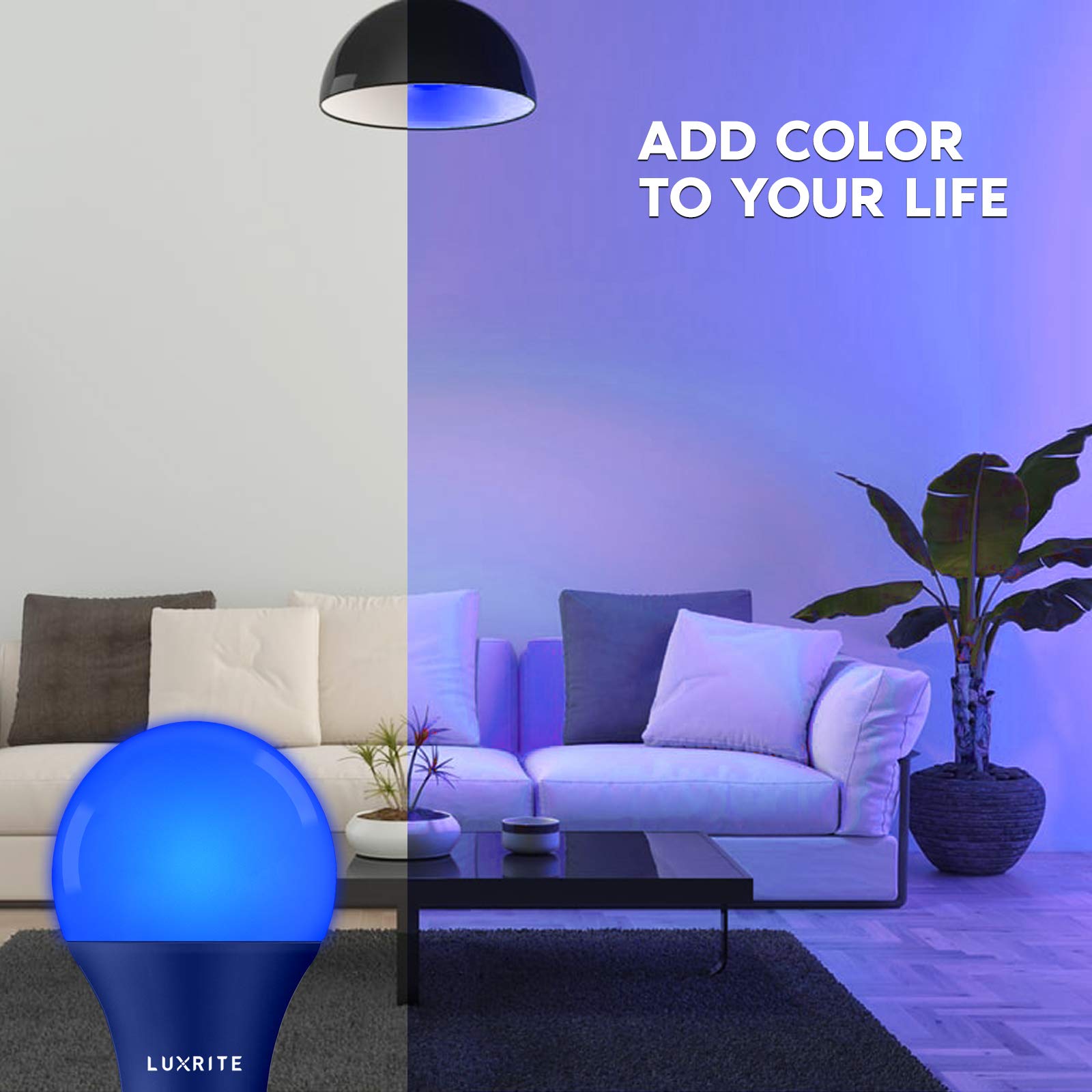 LUXRITE A19 LED Blue Light Bulb, 60W Equivalent, Non-Dimmable, E26 Base, Indoor/Outdoor, Model LR21491