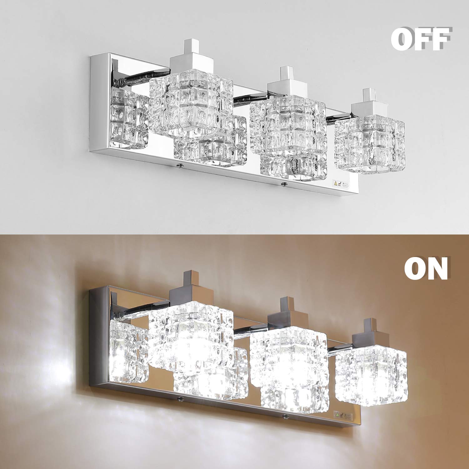 TRLIFE Bathroom Vanity Light Fixture, Modern 3-Light Crystal Design, 19 Inches, Silver, Stainless Steel, Model Crystal-TS-3T