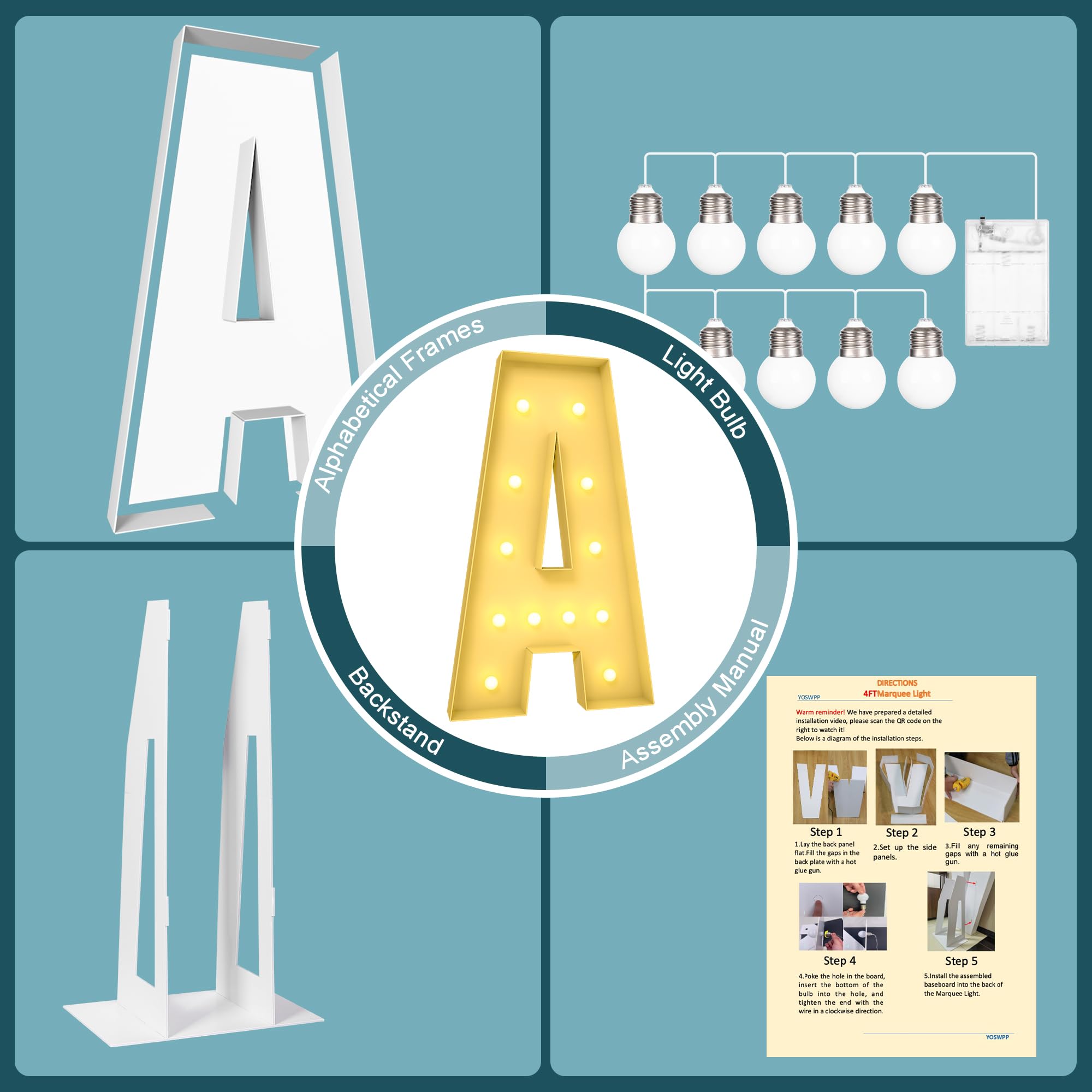 YOSWPP 4FT Light Up Letter Q, Giant Mosaic Balloon Frame, Wedding Backdrop Decoration, Foam Board, Model LED-34FT, Paper Material