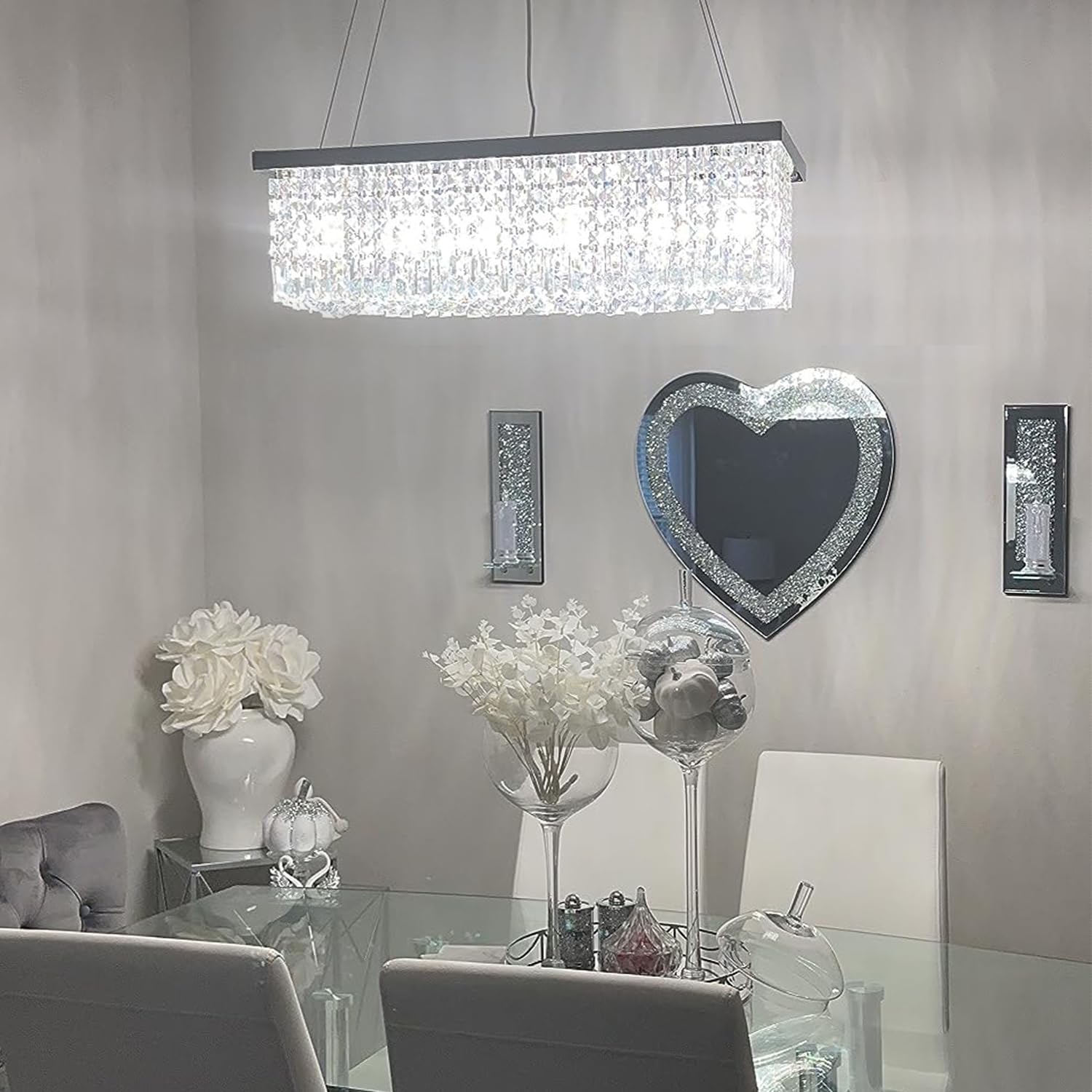 Rectangular Chandeliers For Dining Room, Modern Rain Drop Chandeliers, Hanging Pendant Crystal Chandelier Light For Kitchen Isla