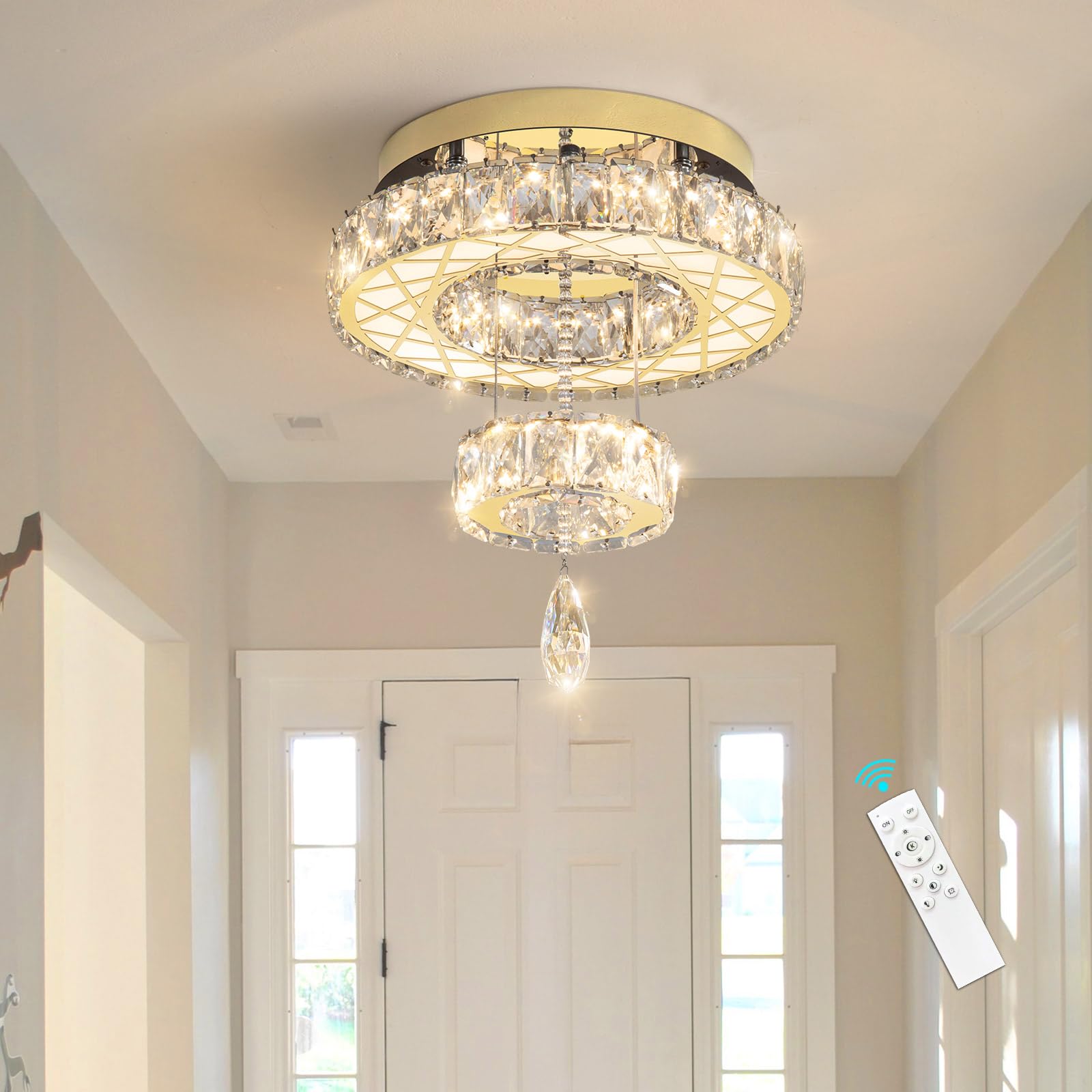 HAIXIANG Modern Glam Ceiling Chandelier, Dimmable, Remote, 12 inch, Stainless Steel & Crystal, Gold, Model MMQ3831