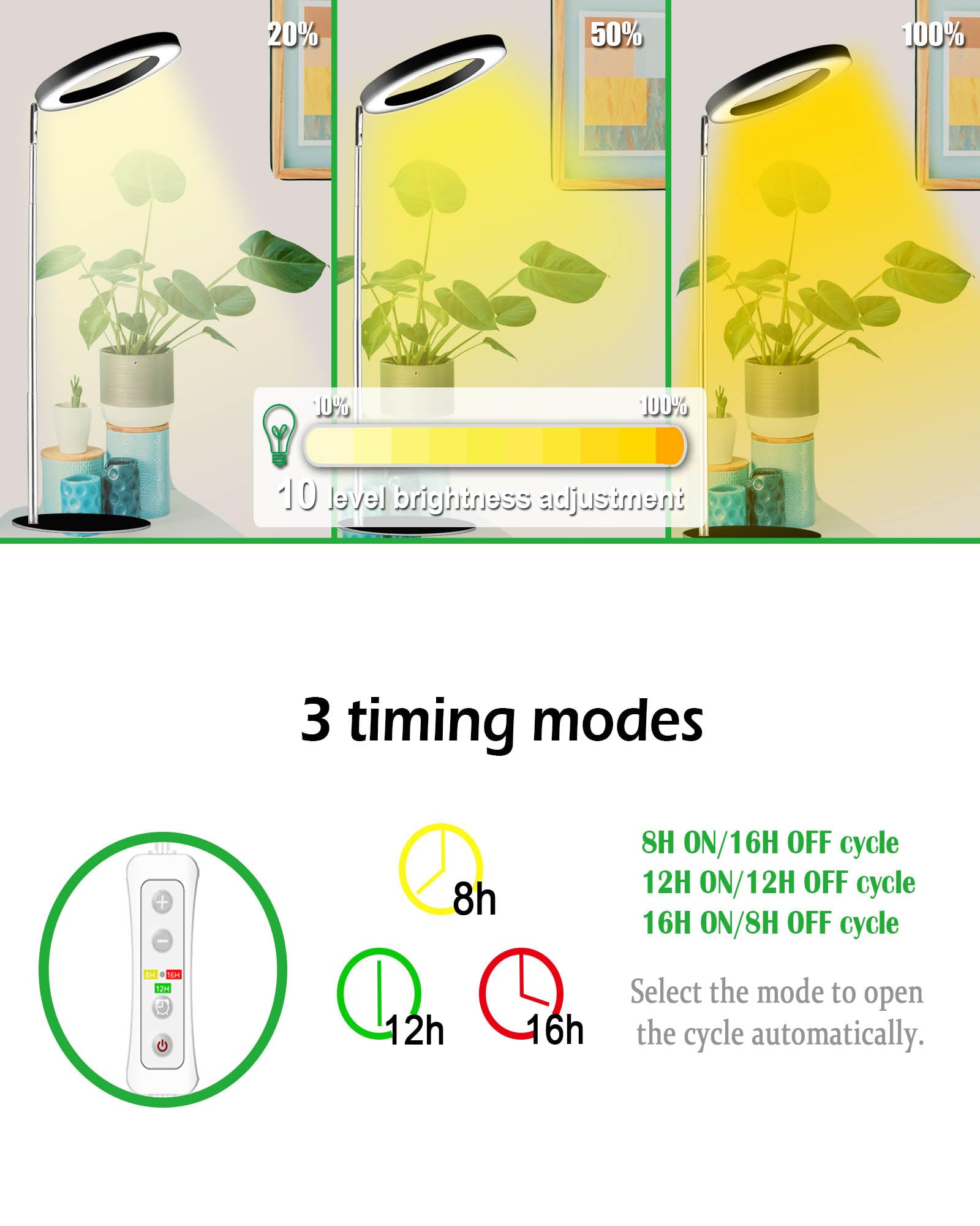 yadoker LED Grow Light for Indoor Plants, 2 Pack, Adjustable Height, Timer, 10-Level Brightness, Black, Model GLB16-BLK-M-2pack