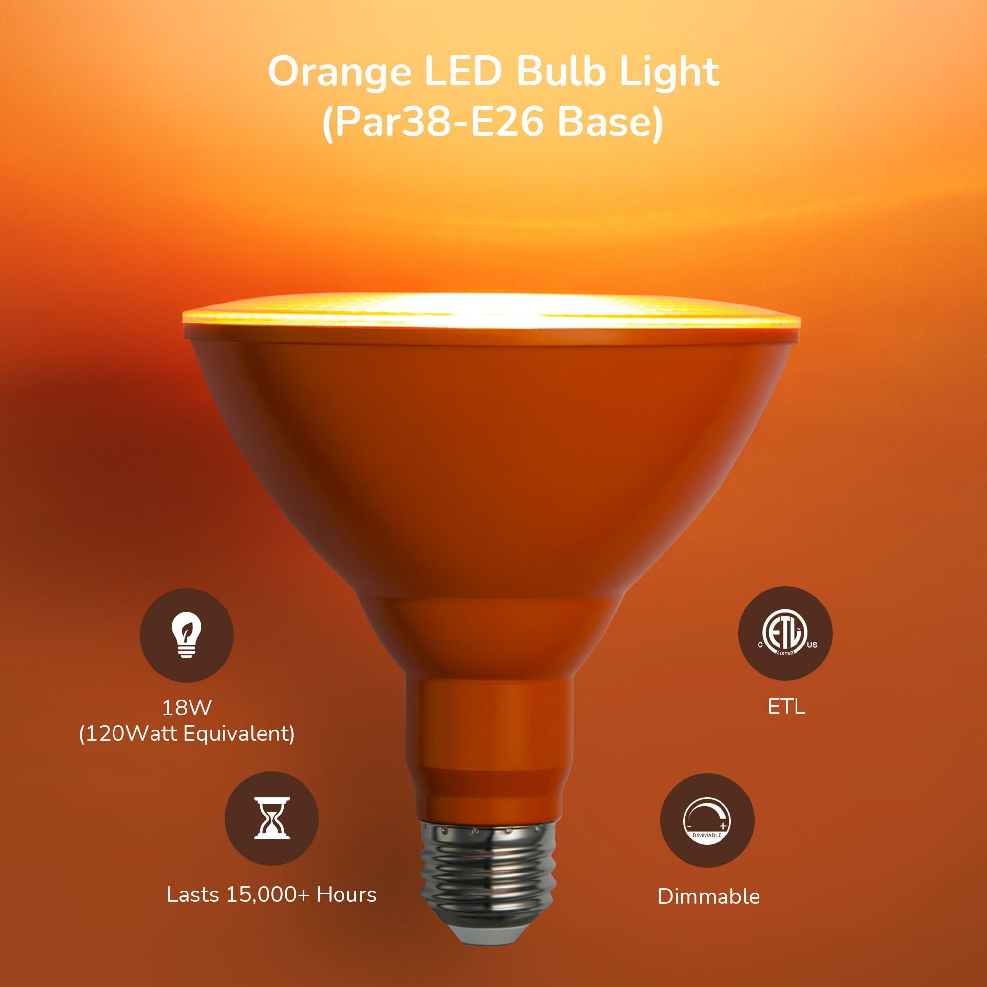 EDISHINE PAR38 Orange LED Flood Light Bulbs, Dimmable, 18W Equivalent, 2 Count, E26 Base, ETL Listed for Christmas Decorations