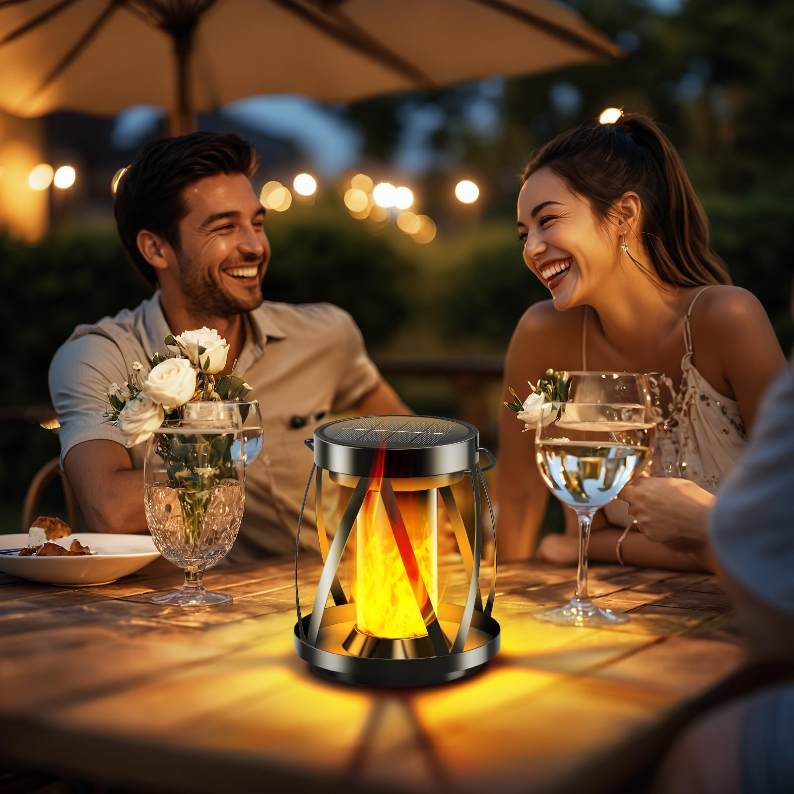 Garpar Solar Flickering Flame Lanterns Outdoor Waterproof - Upgraded Brighter Metal Hanging Solar Lights Outdoor, 2 Lighting Mod