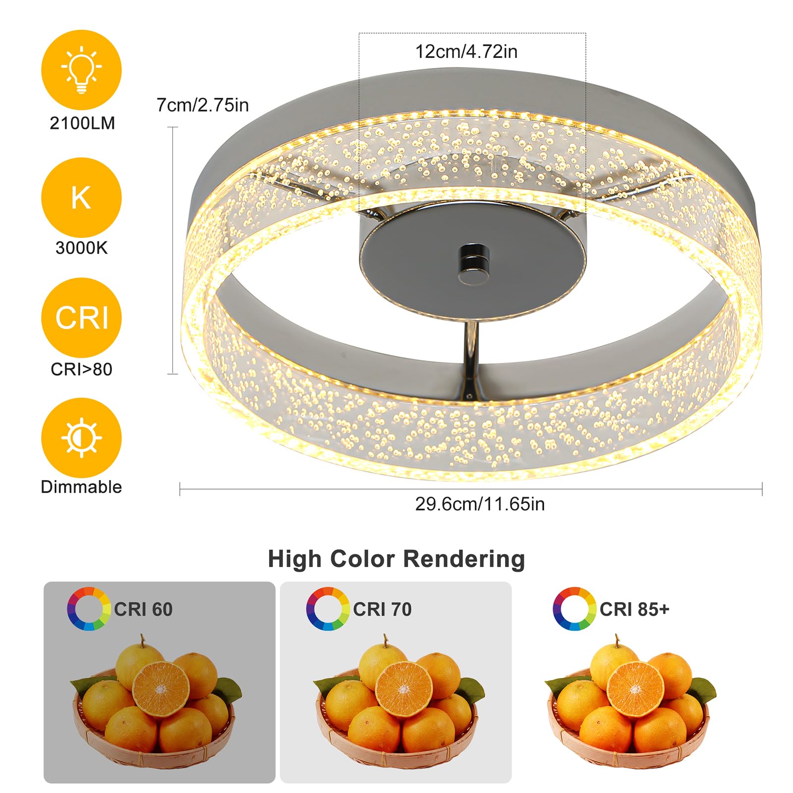 Jaycomey LED Flush Mount Ceiling Light, 11.6in  Round, Dimmable, Acrylic Seed Lampshade, Brushed Nickel, Model MX0790-CH
