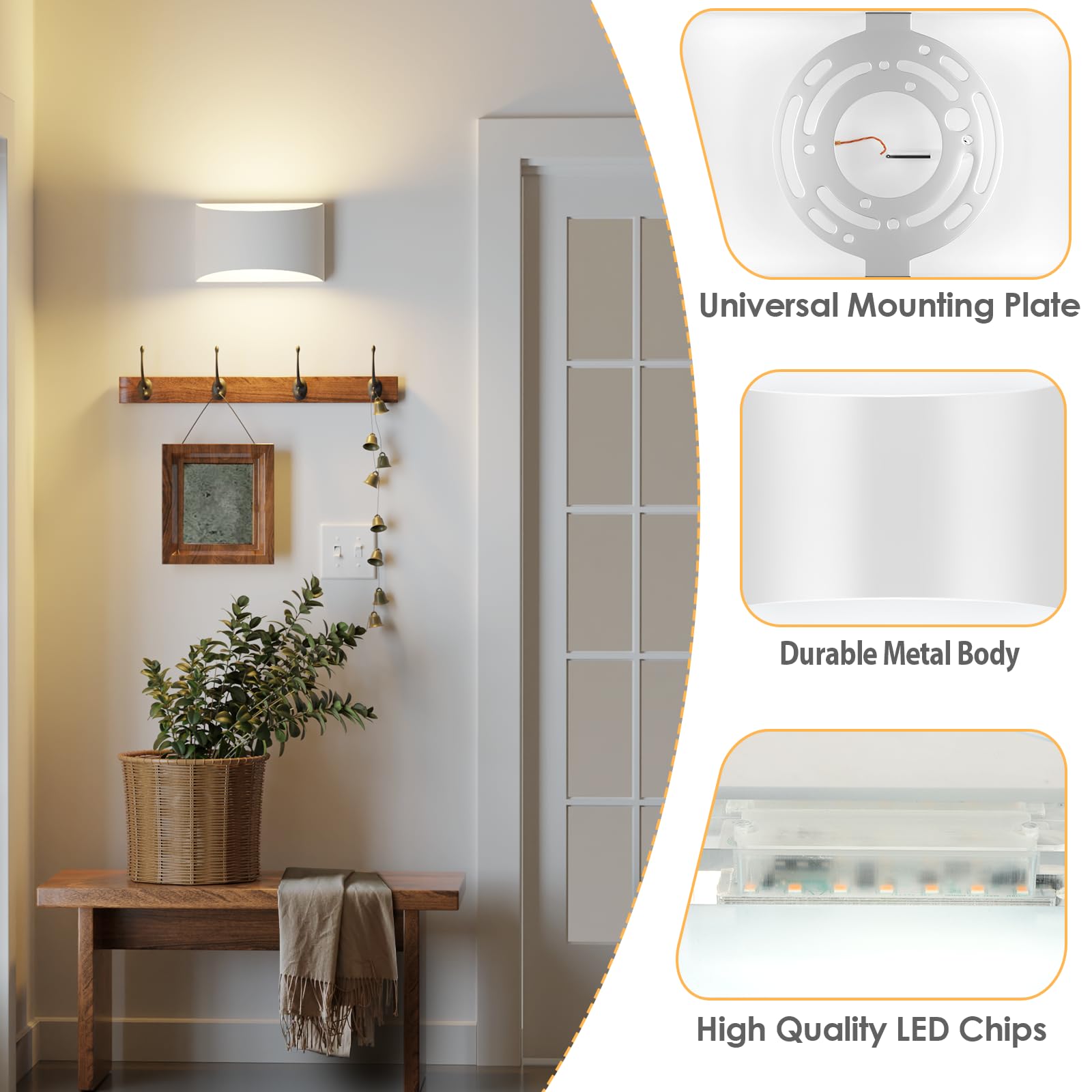 FOLKSMATE Modern LED Wall Sconces Set of 2, 3000K Warm White, Metal, 7.68inch, Hardwired, White, Model XYBY-LED