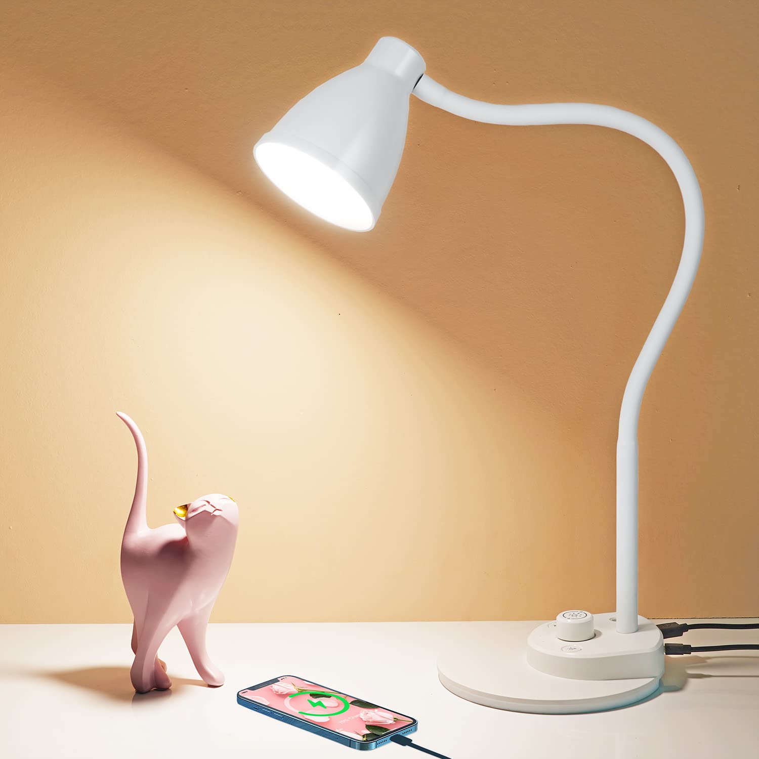 BOHON LED Desk Lamp - Dimmable, 3 Color Modes, USB Charging, Flexible Gooseneck, White, Model BDL10WWH