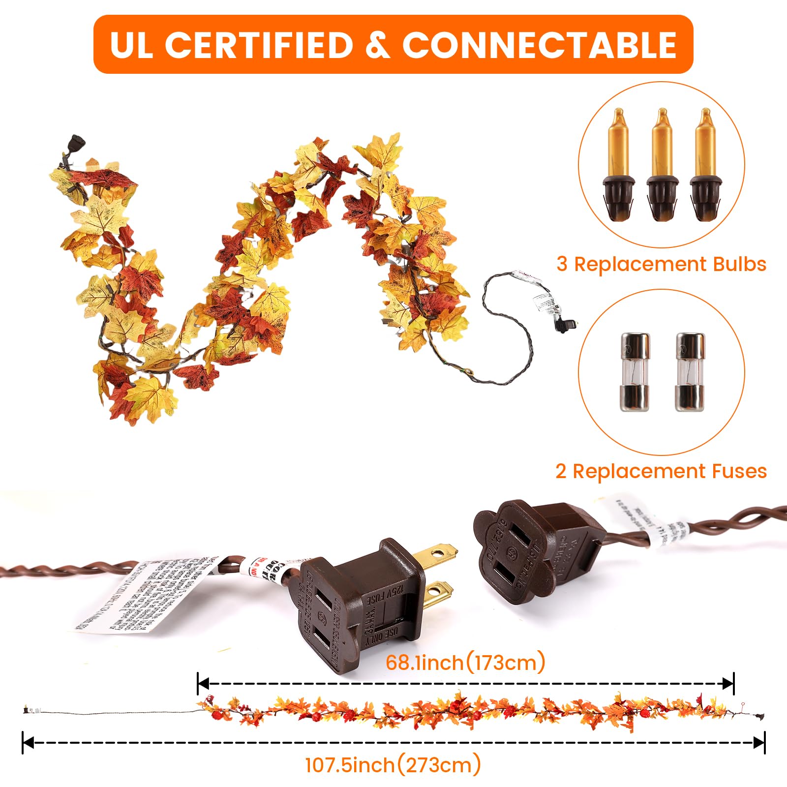 3Pack Fall Leaf Garland With Lights Plug In  35 Orange Bulbs Light Up Fall Leaves Garland  Fall Decor Fall Decorations For Home Table Thanksgiving Mantel Fireplace Porch Halloween Autumn Decorations