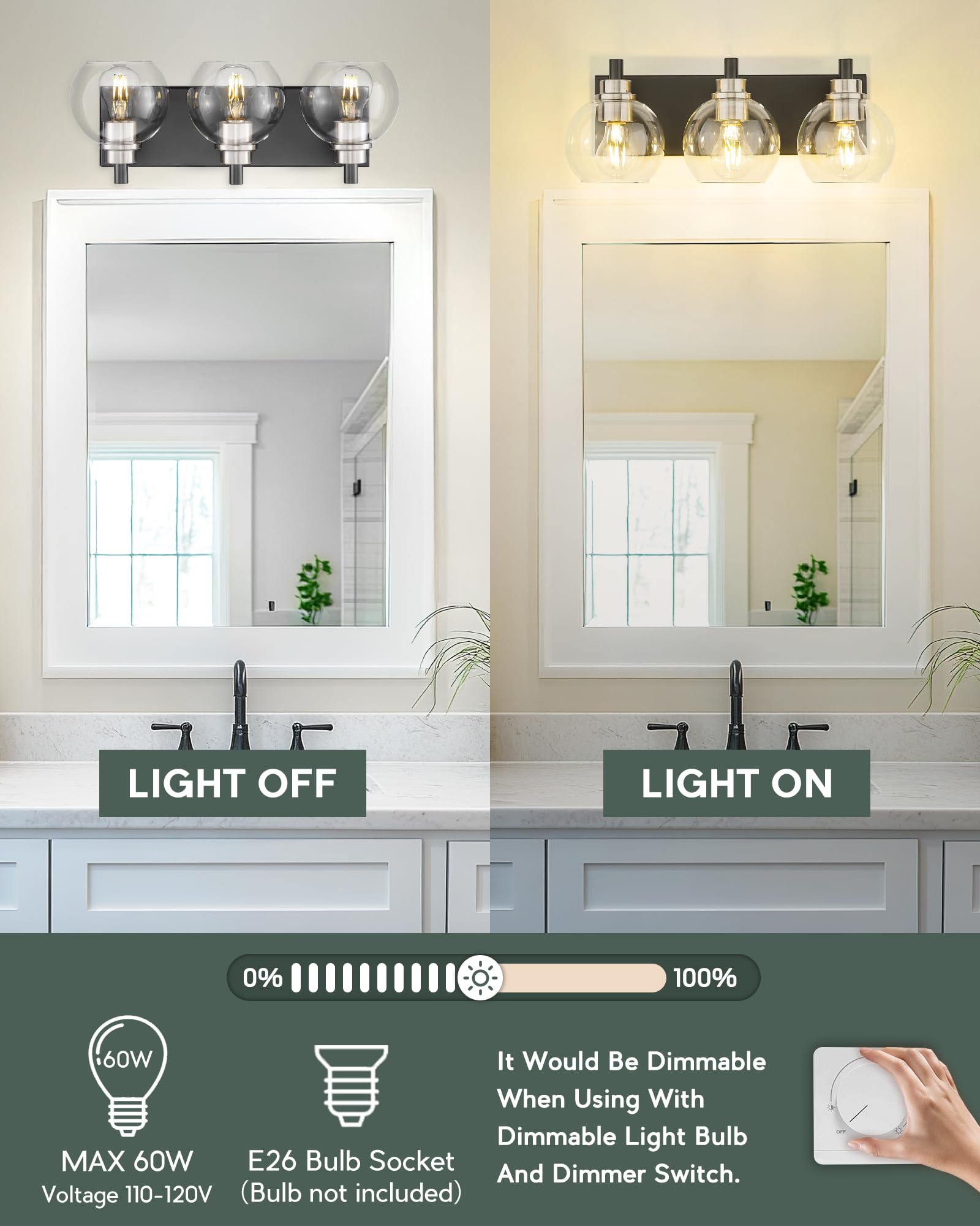 Metwet Bathroom Light Fixtures, 3-Light Black And Brushed Nickel Bathroom Vanity Light, Modern Wall Sconces With Globe Clear Gla