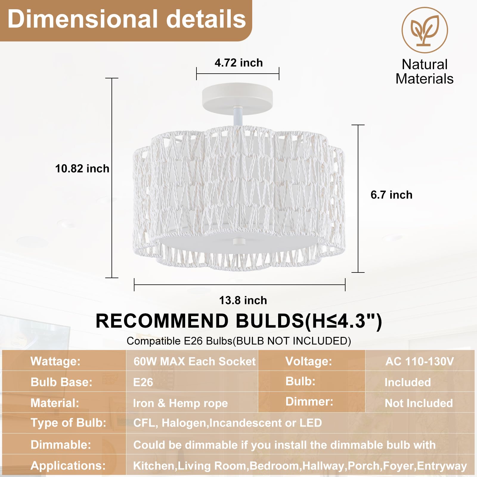 Tbaoinla Bedroom Light Fixture | Boho Ceiling Light With White Plum Blossom Design - Rattan Flush Mount Chandelier For Home Deco