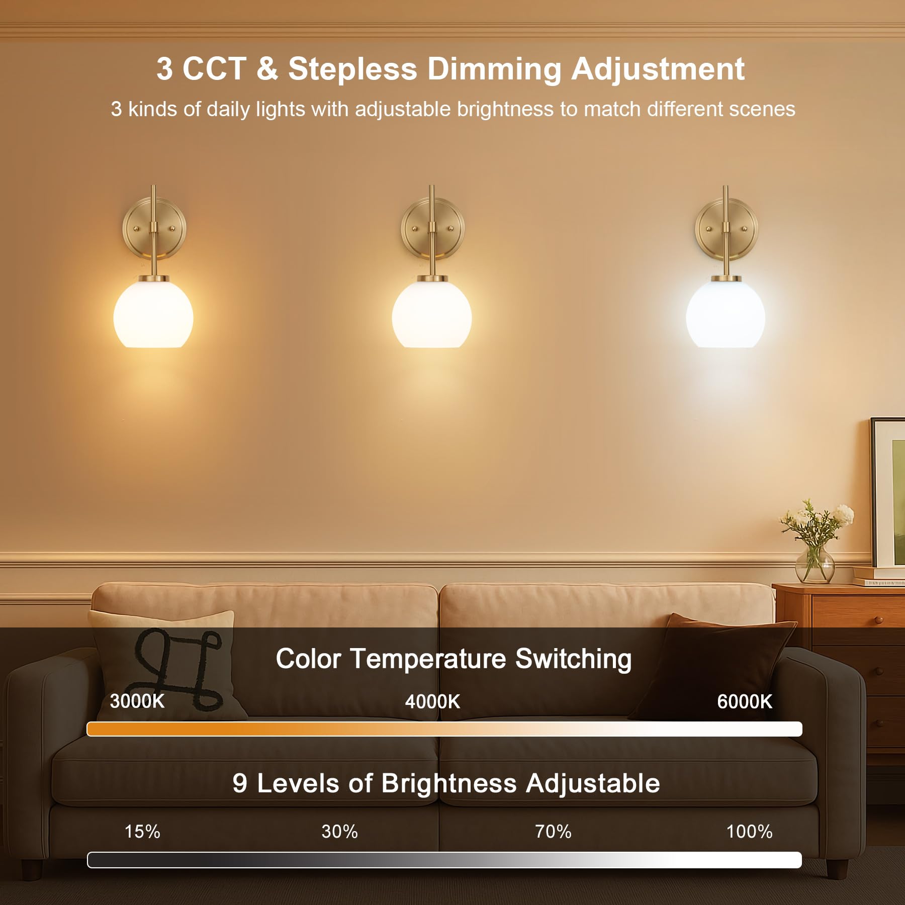 SANTOSTOCK Gold Battery Operated Wall Sconce Set of 2, Wireless LED Lights with Remote, Opal Glass Shade, RGB Colors, Model SSW022G1-2C