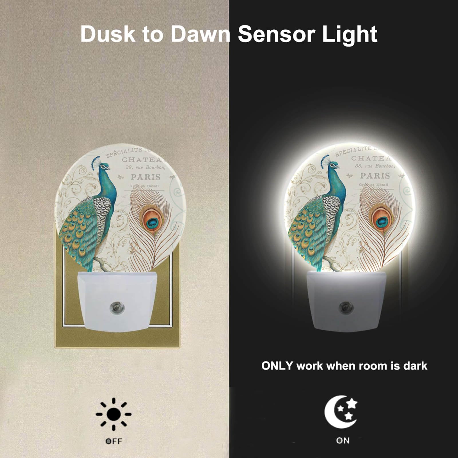 Ekobla Peacock Floral Decorative Night Light Peacock Feather Retro Night Lights Plug Into Wall Auto Sensor Led Lamp 0.5W Sleep F