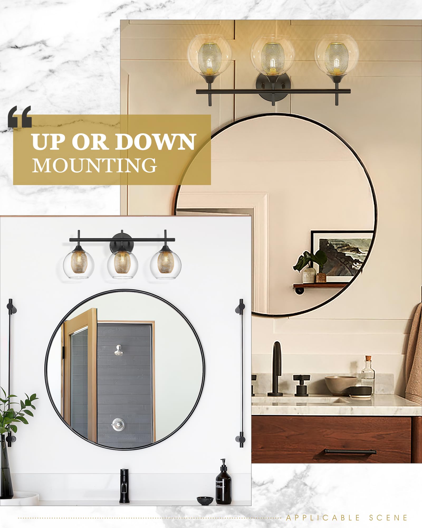 Audickic 3-Light Black and Gold Bathroom Vanity Light Fixture, Metal Wall Sconce with Clear Glass Shade, Model AD-22001-3W-BK