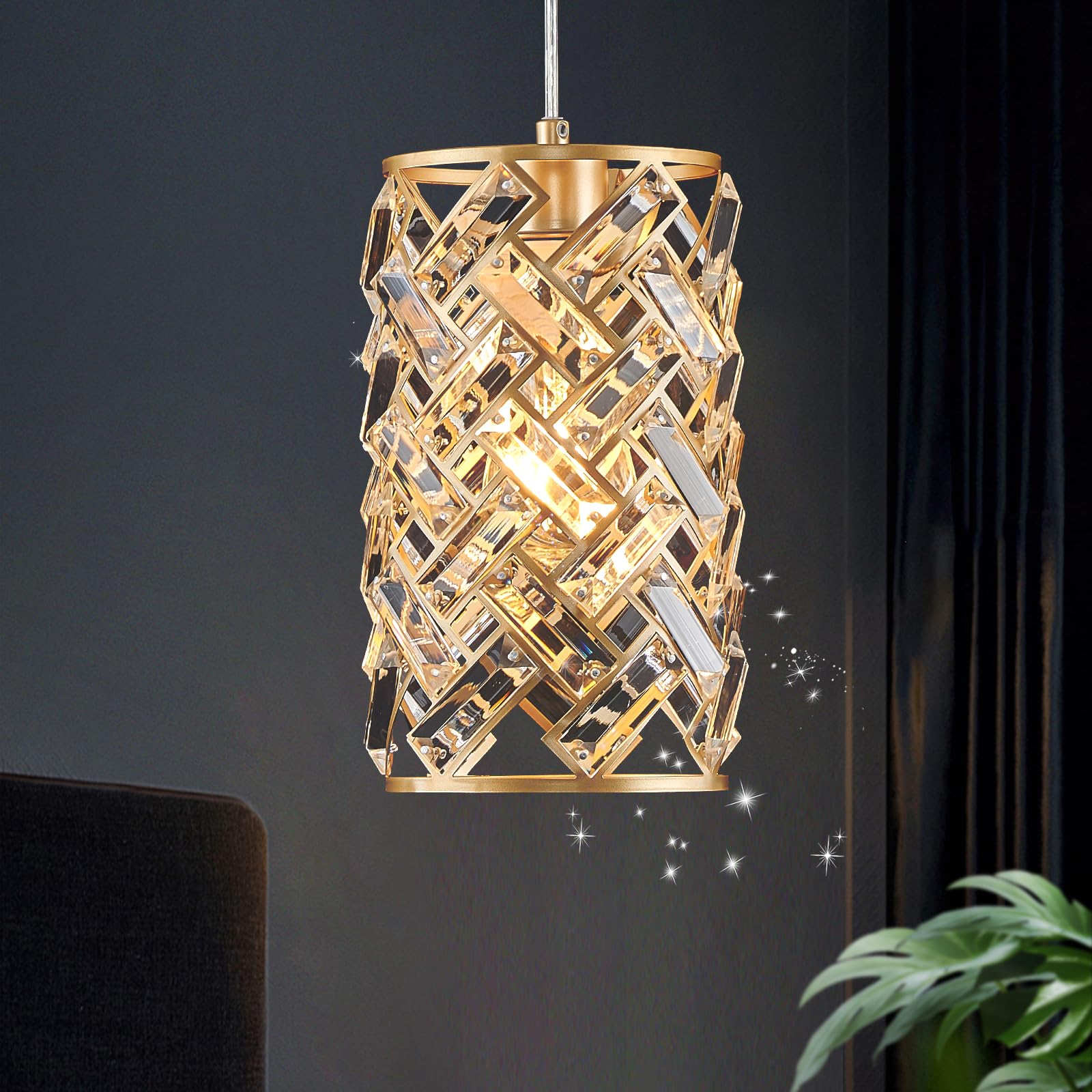 CATINER 1-Light Gold Crystal Pendant Light, Mini Ceiling Hanging Light Fixture with K9 Prisms for Kitchen Island, Bathroom, Bedr