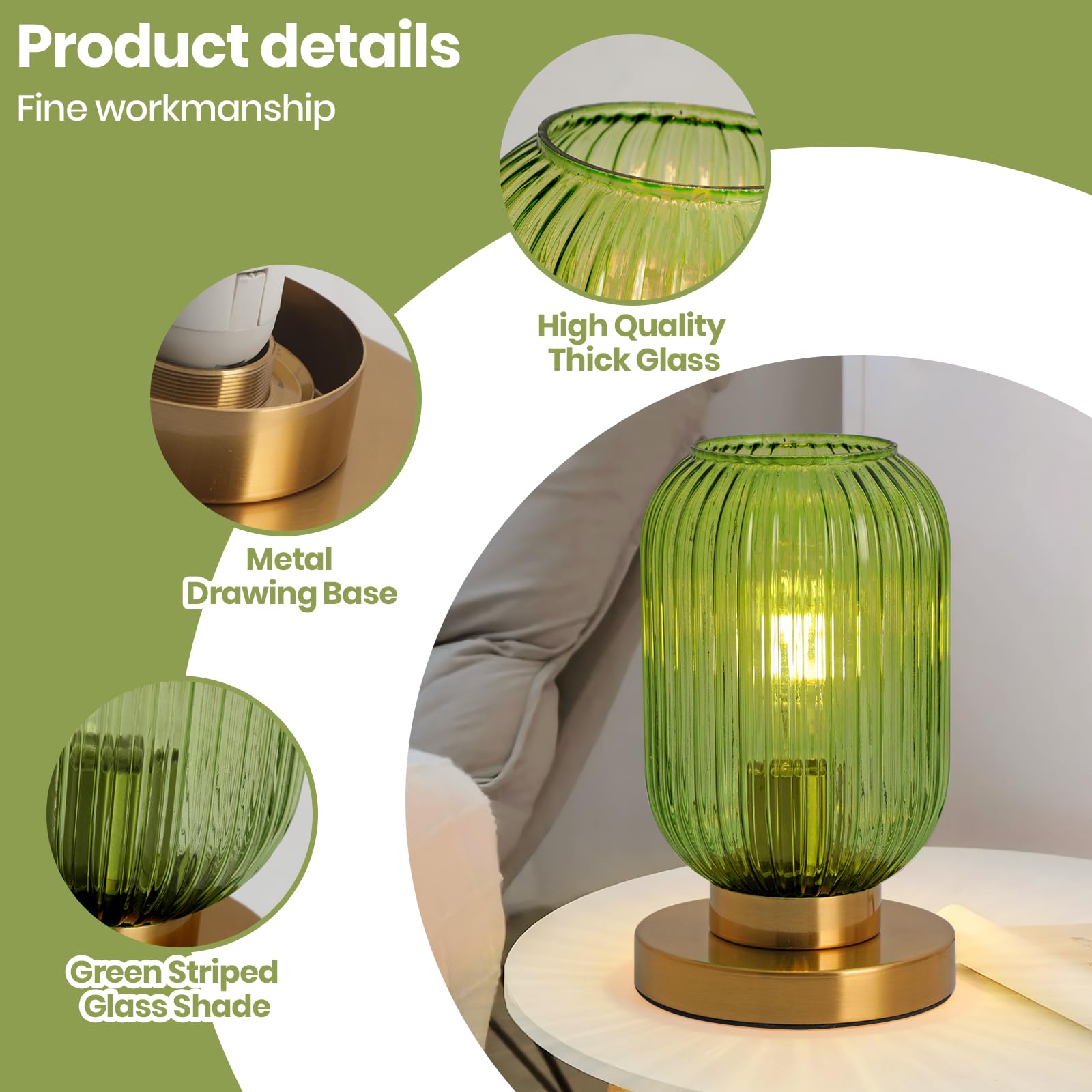 Green Table Lamp Dimmable Ribbed Glass Bedside Table Lamp Modern Globe Table Lamp Small Vintage Nightlight Lamp Mid Century Nigh