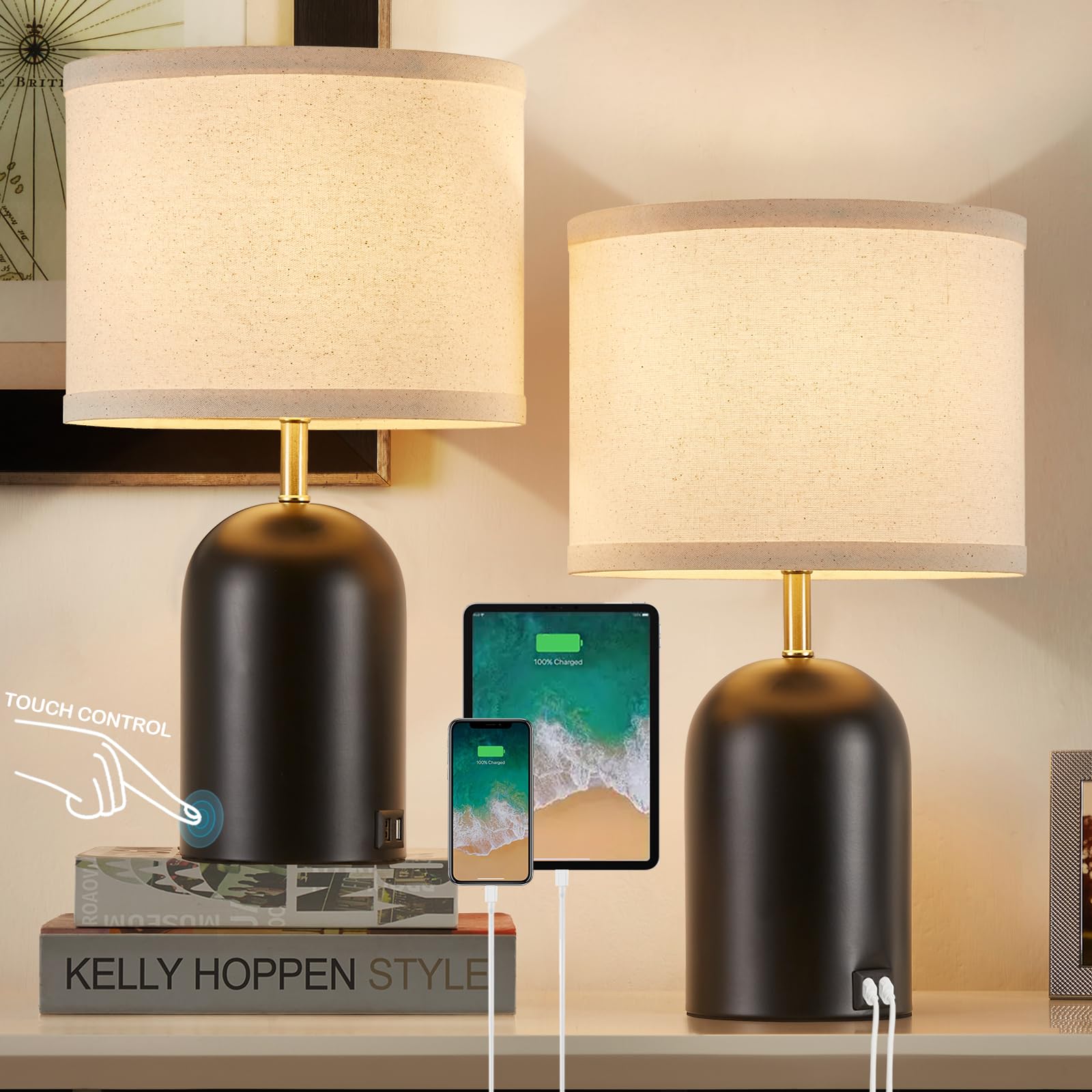 GyroVu Touch Control Table Lamps Set of 2, 3-Way Dimmable, Gold & Black, Fabric Shade, 18in Height